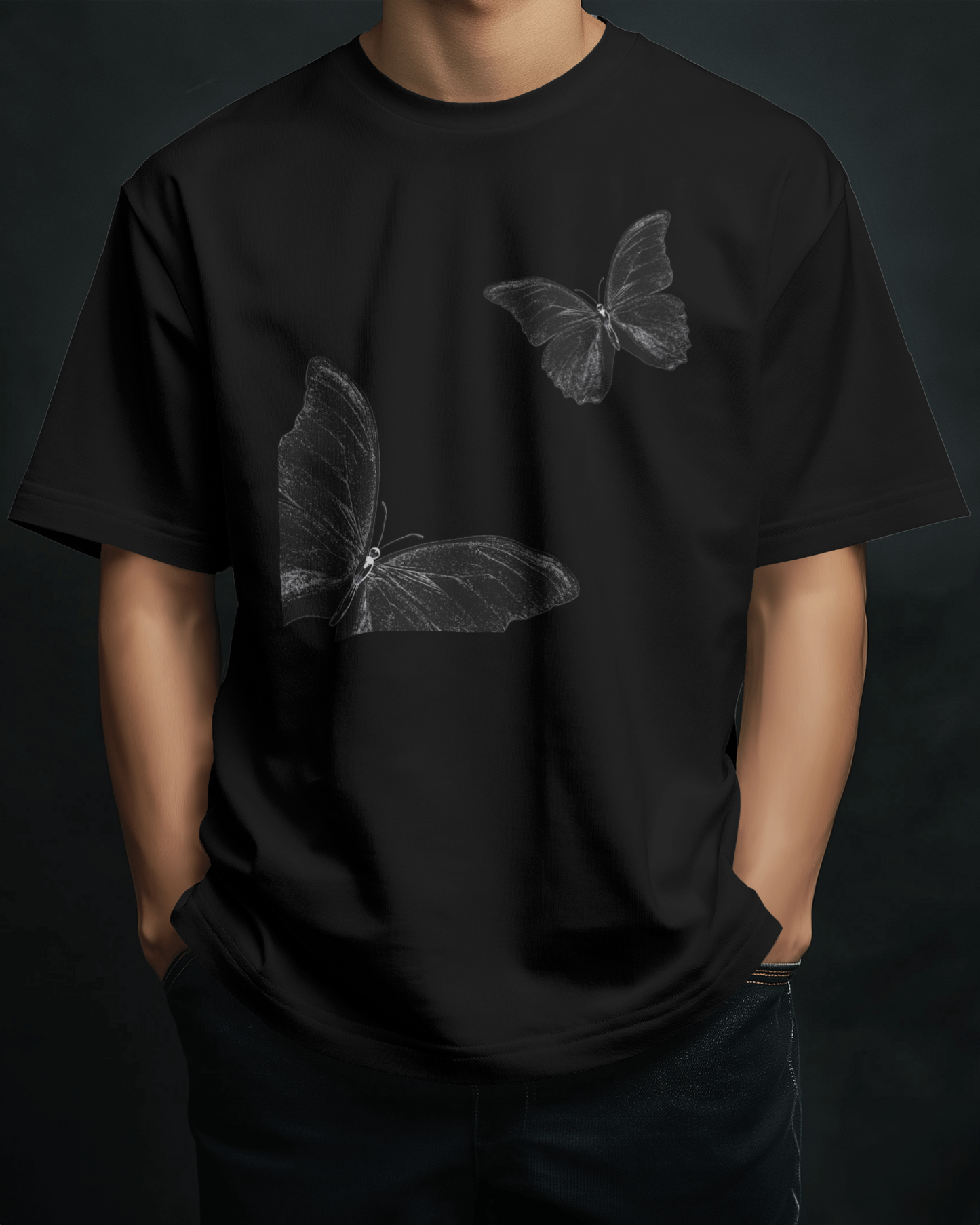Premium Butterfly Sketch Oversized Black T-shirt