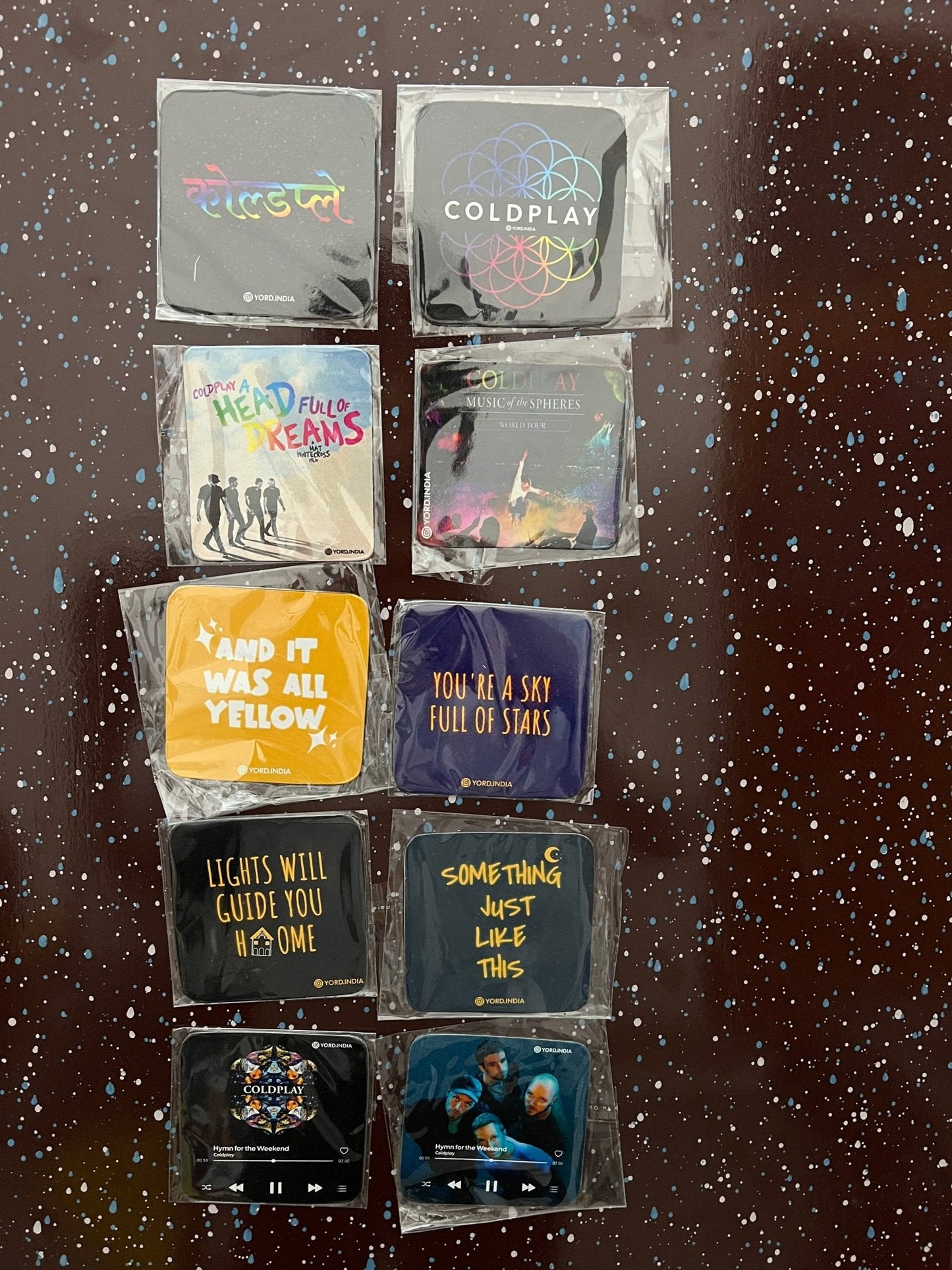 Coldplay India tour fridge magnets pack of 5 (Random). 0.7mm thickness, 7x7cm square shaped - YORD
