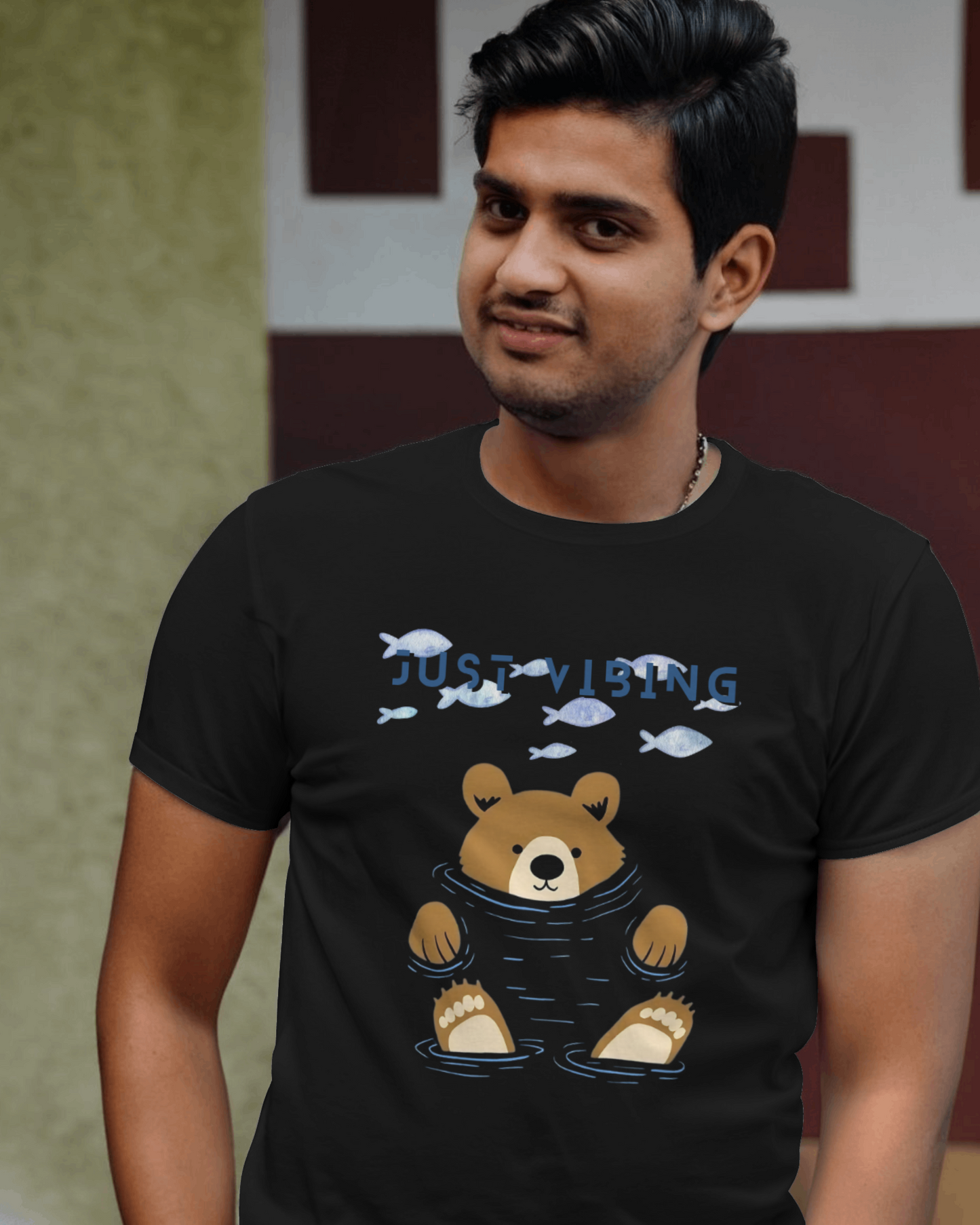 Premium 'Just Vibing' Bear & Fish Print Regular T-shirt