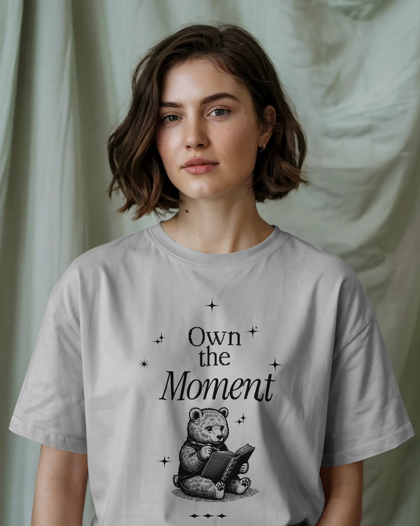 Premium 'Own the Moment' Bear Reading Oversized T-shirt