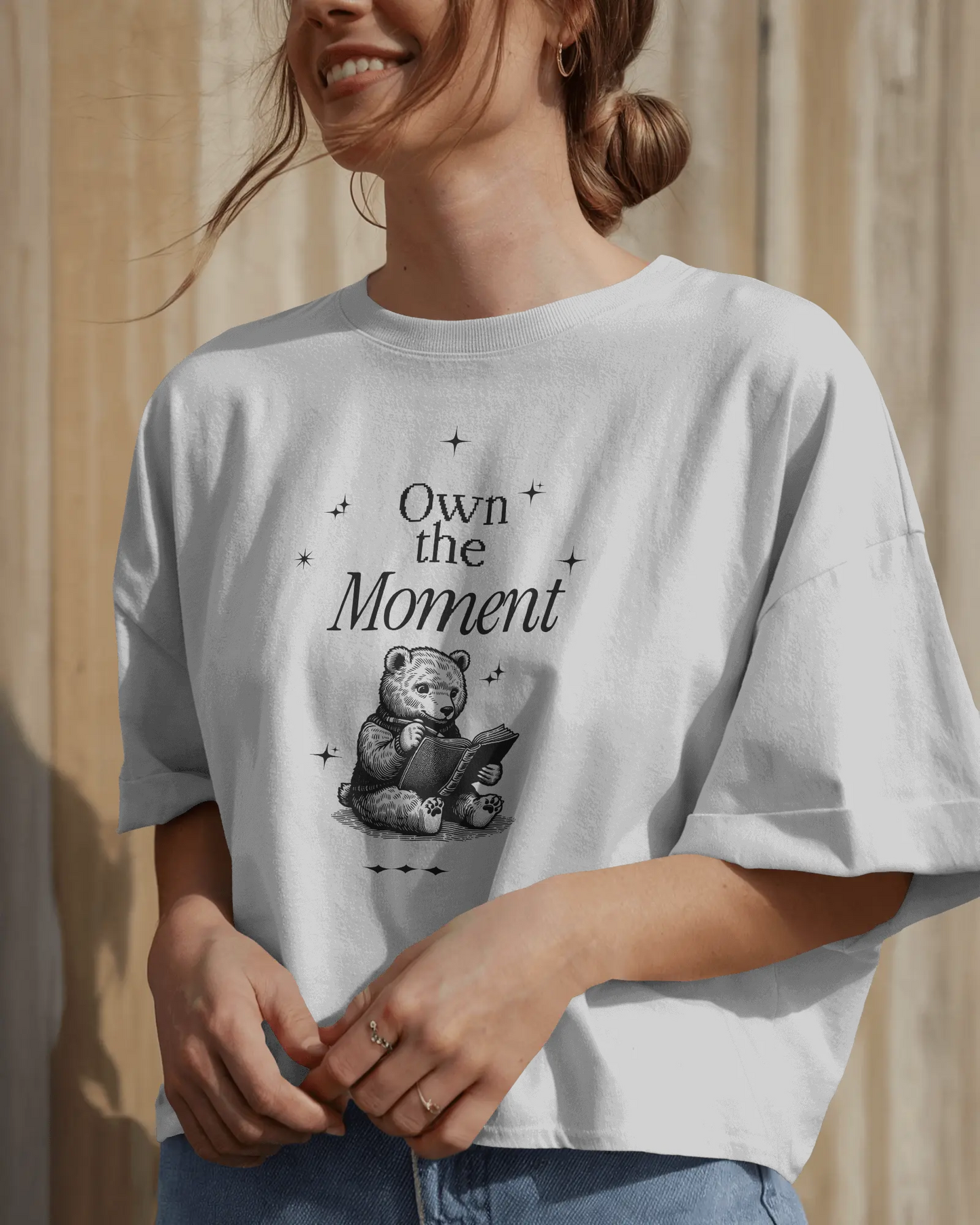 Premium 'Own the Moment' Bear Reading Oversized T-shirt