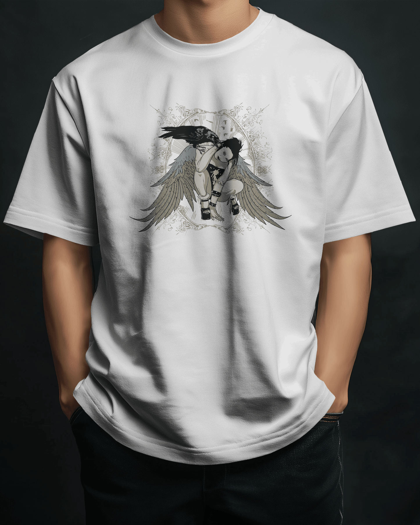 Premium Gothic Angel Wing Raven Oversized T-shirt - YORD