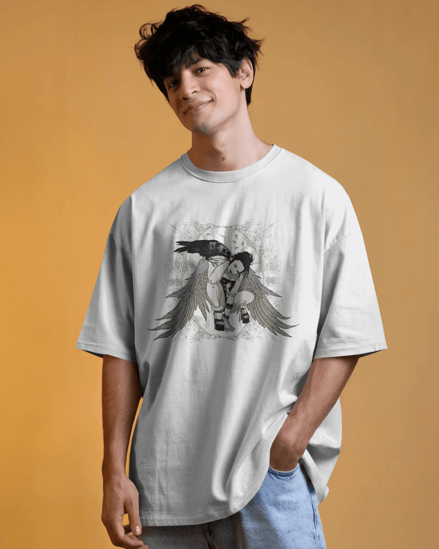 Premium Gothic Angel Wing Raven Oversized T-shirt - YORD
