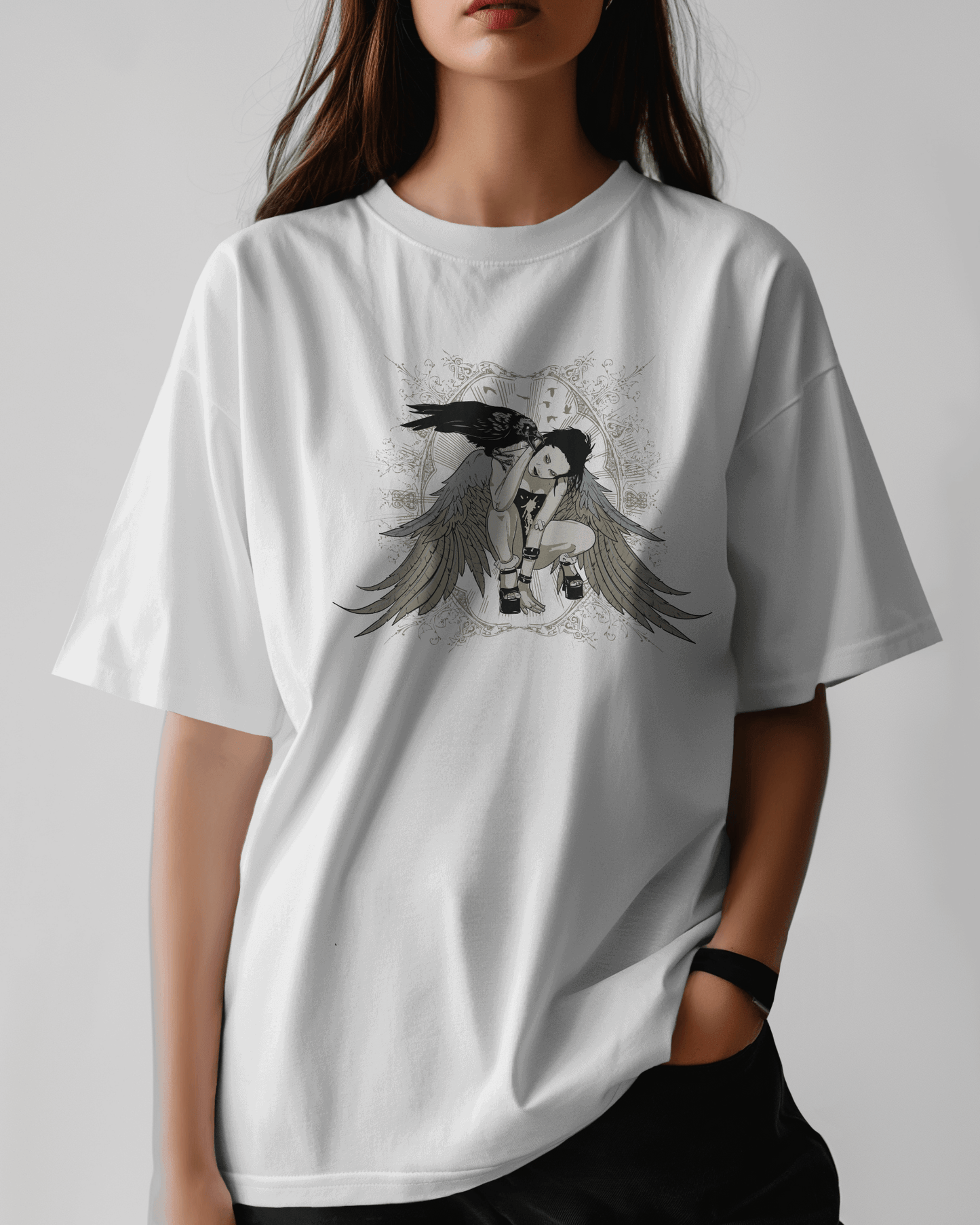 Premium Gothic Angel Wing Raven Oversized T-shirt - YORD