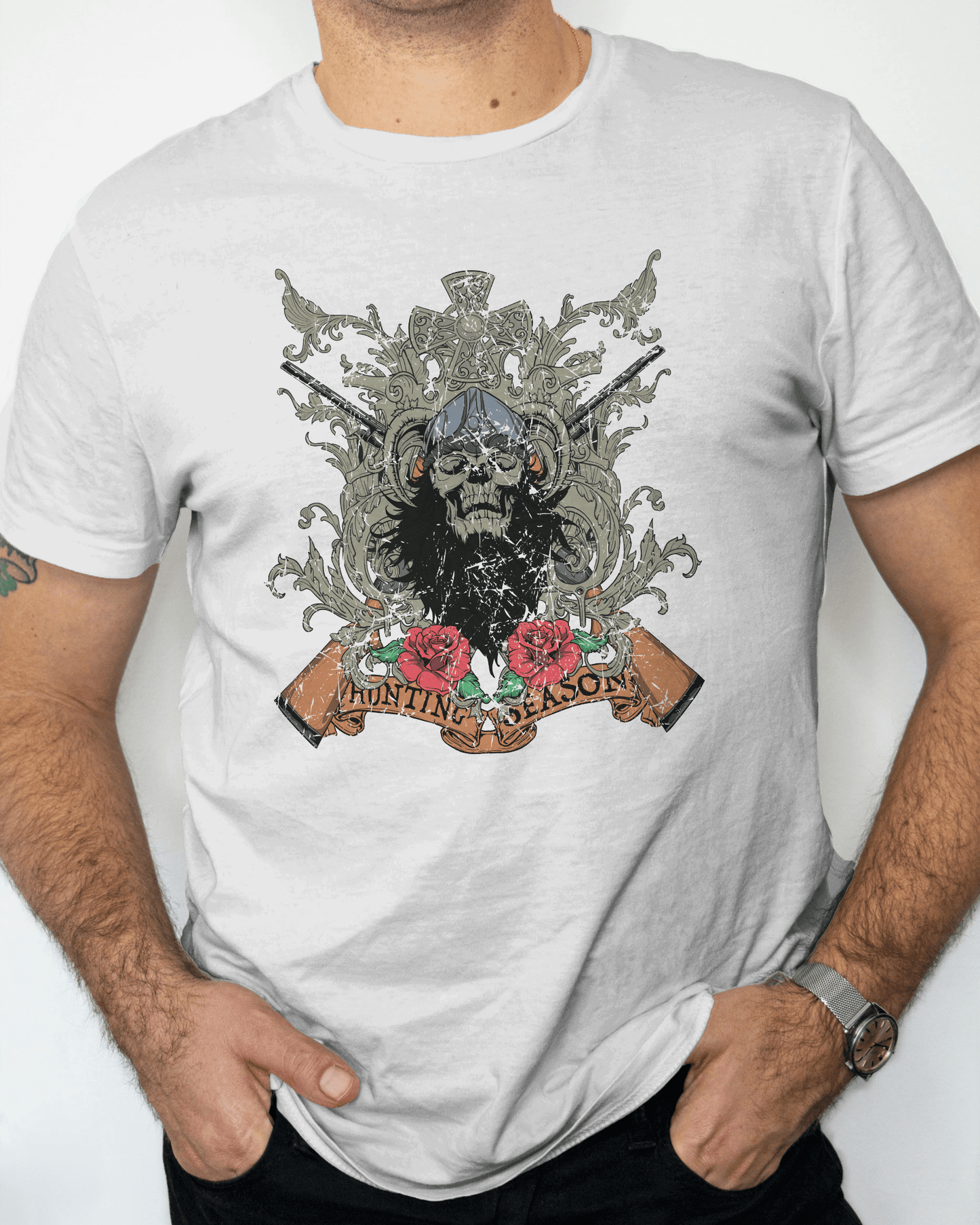 Premium Gothic Skull Rose Hunting Season White T-shirt - YORD