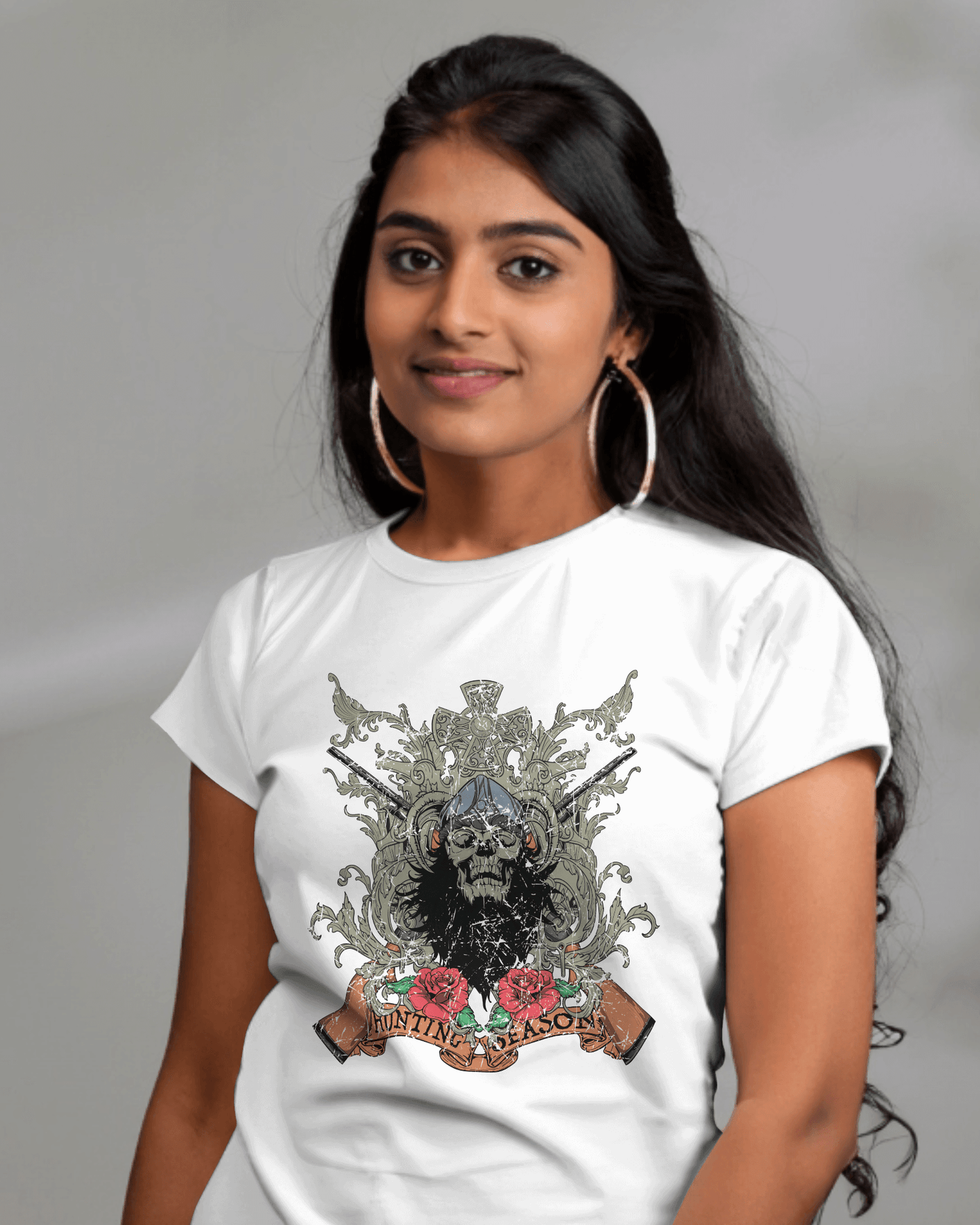 Premium Gothic Skull Rose Hunting Season White T-shirt - YORD