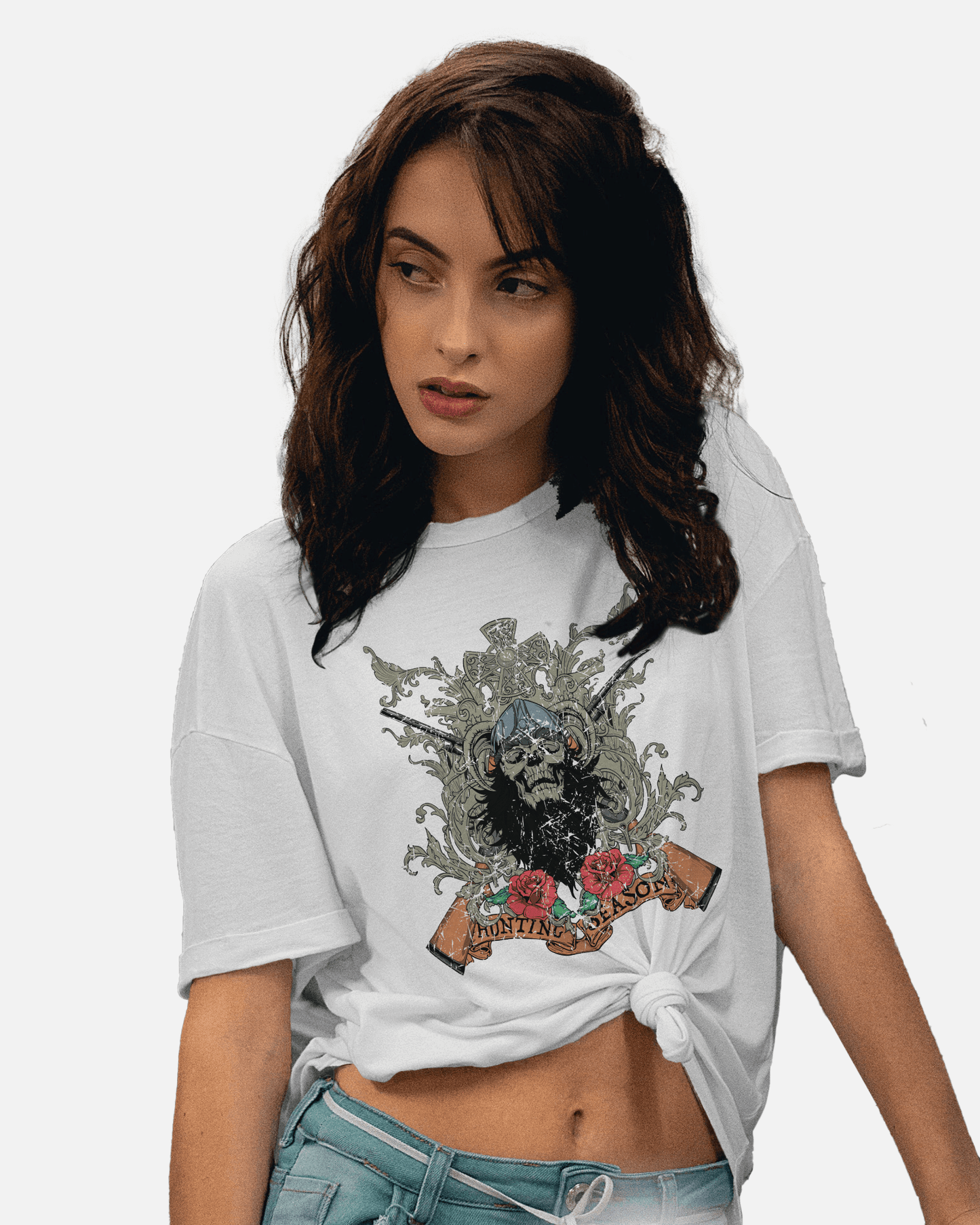 Premium Gothic Skull Rose Hunting Season White T-shirt - YORD