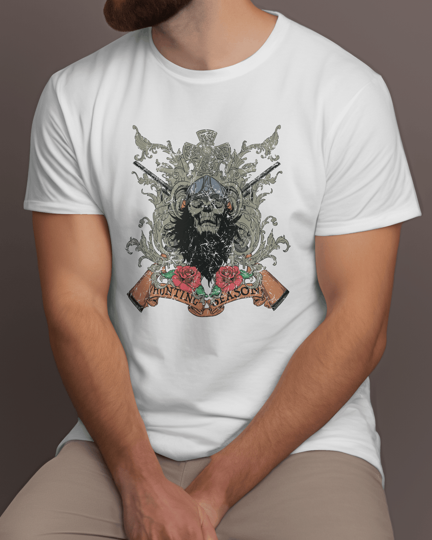 Premium Gothic Skull Rose Hunting Season White T-shirt - YORD