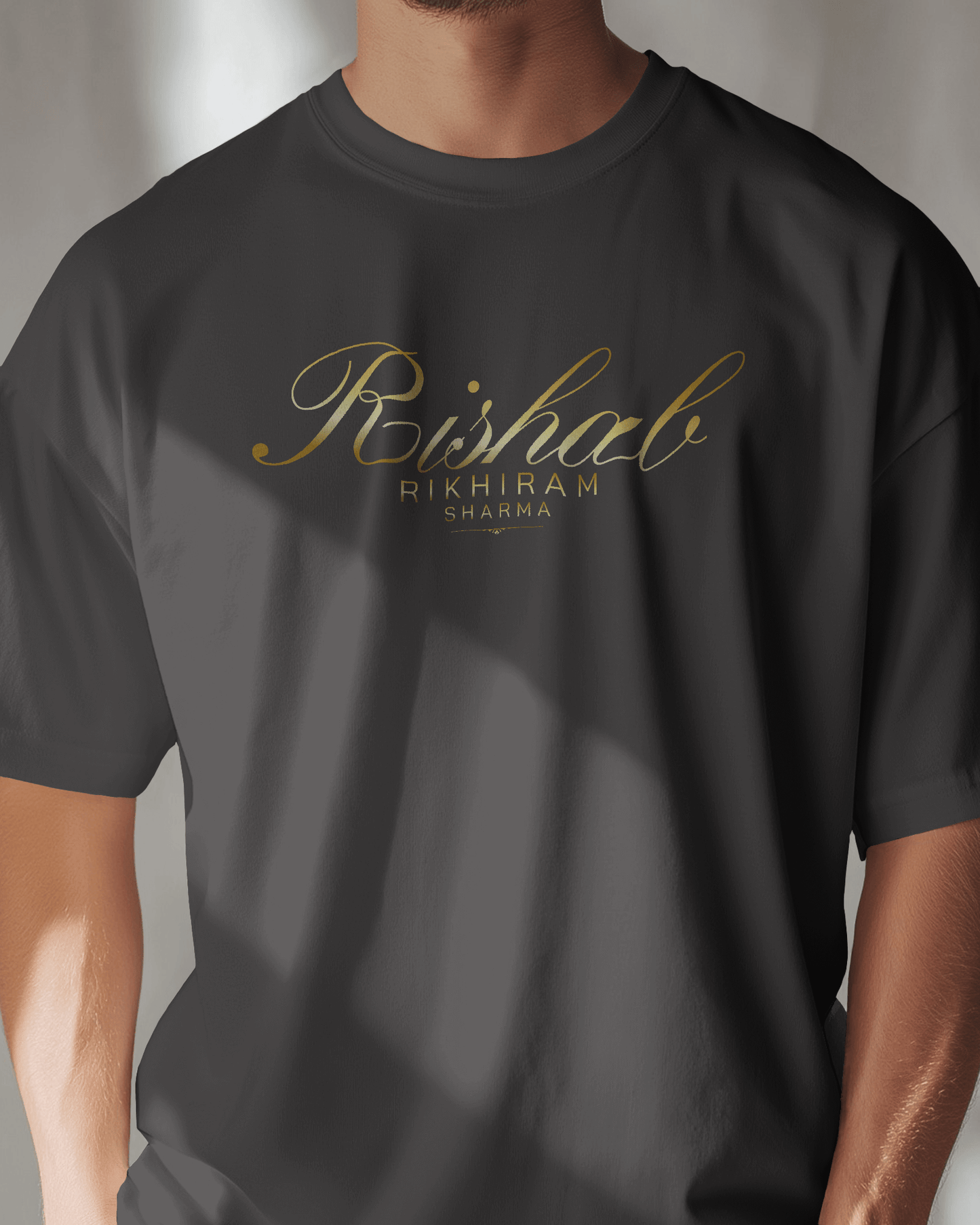 Premium Hand Printed Oversized 'Rishab Rikhiram Sharma' Gold Script T-shirt - YORD