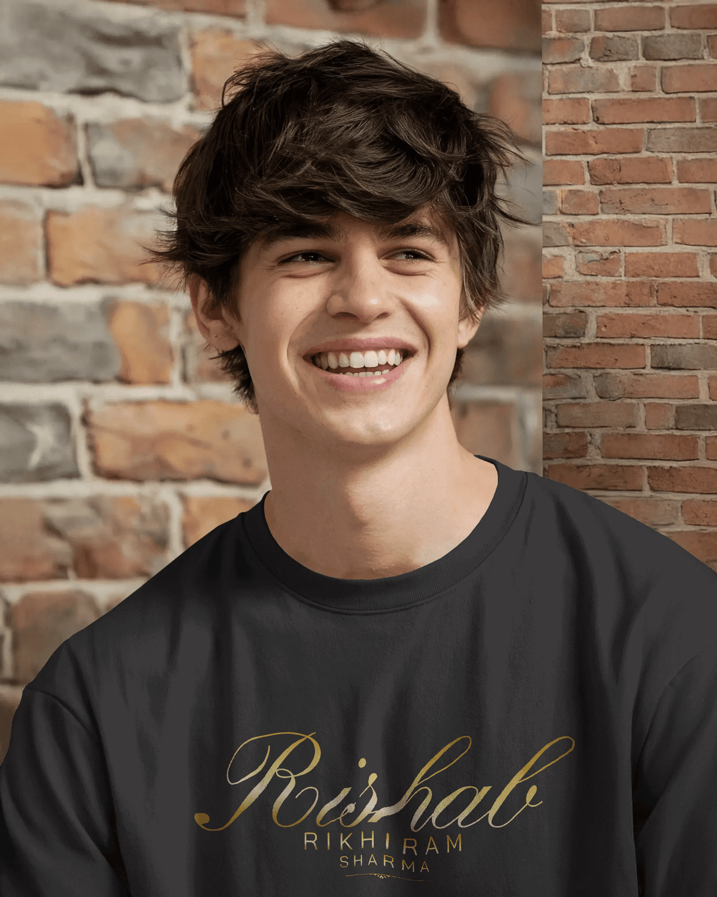 Premium Hand Printed Oversized 'Rishab Rikhiram Sharma' Gold Script T-shirt - YORD