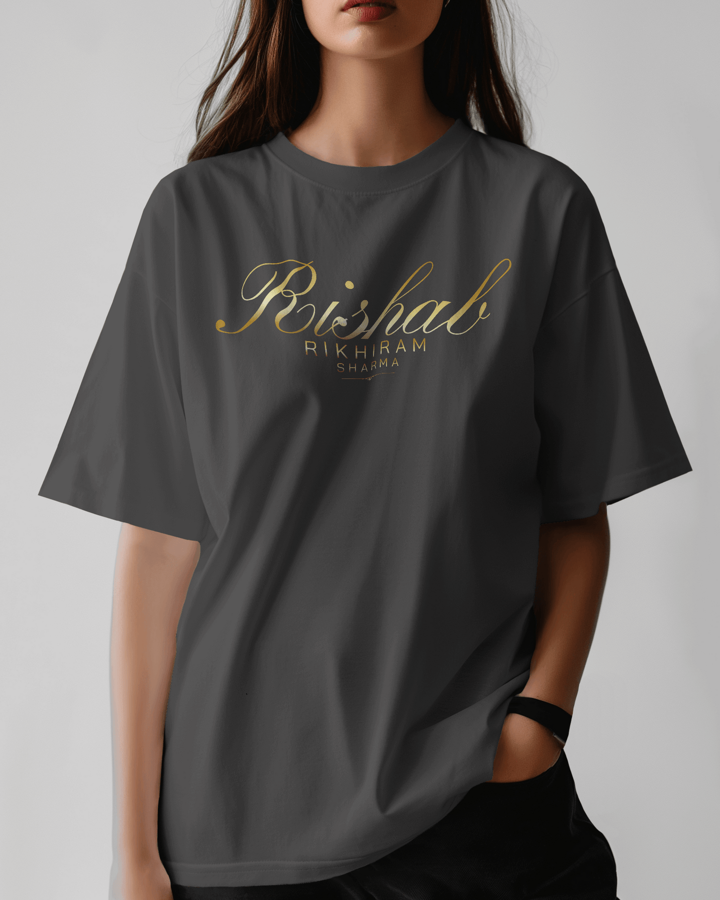 Premium Hand Printed Oversized 'Rishab Rikhiram Sharma' Gold Script T-shirt - YORD