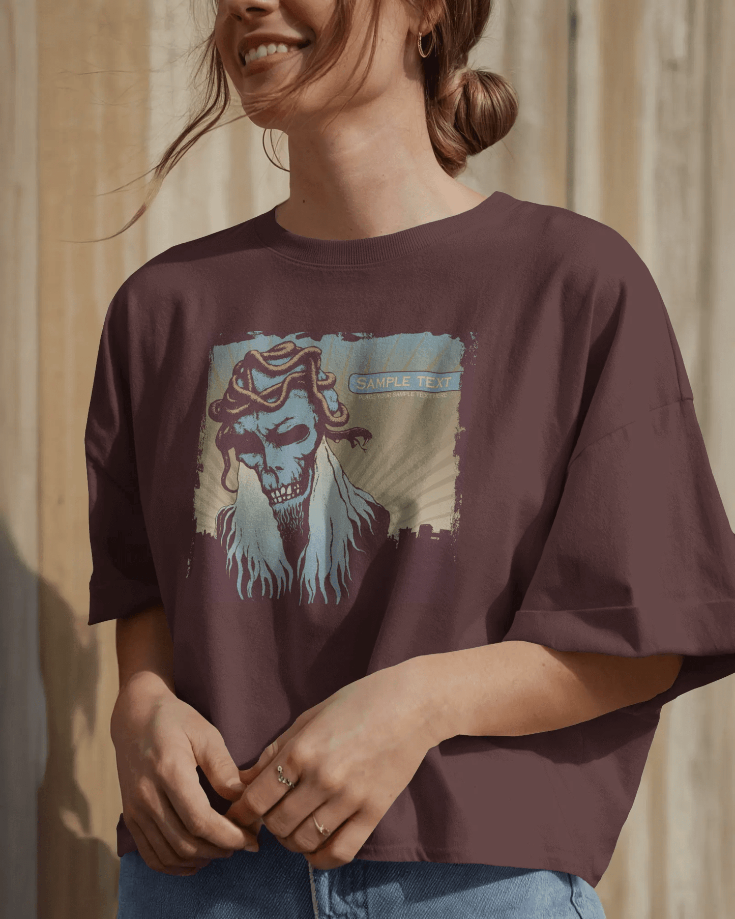 Premium Skull Serpent Oversized Graphic T-shirt - Burgundy - YORD