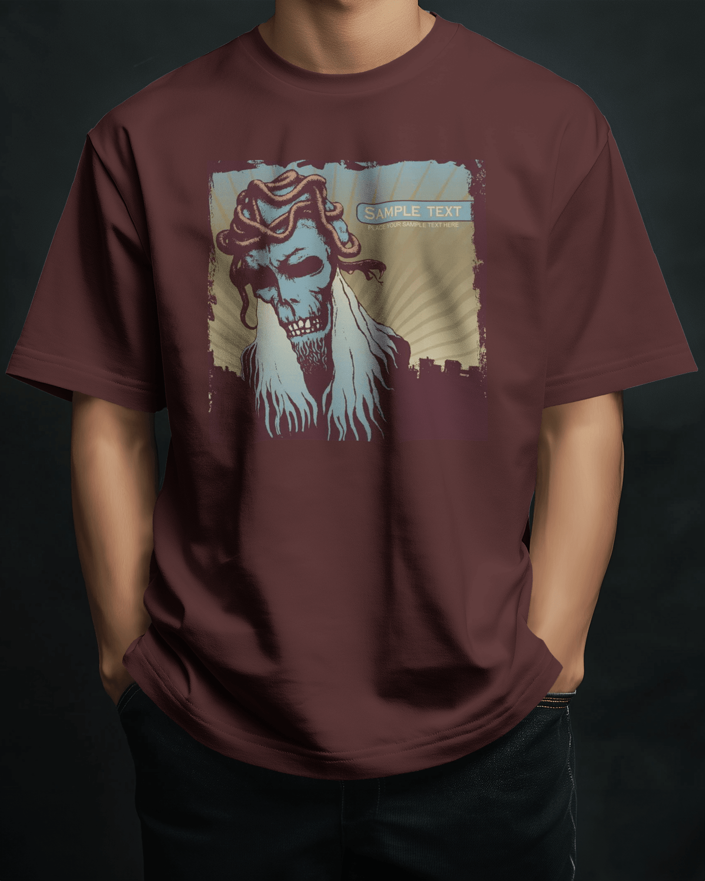 Premium Skull Serpent Oversized Graphic T-shirt - Burgundy - YORD