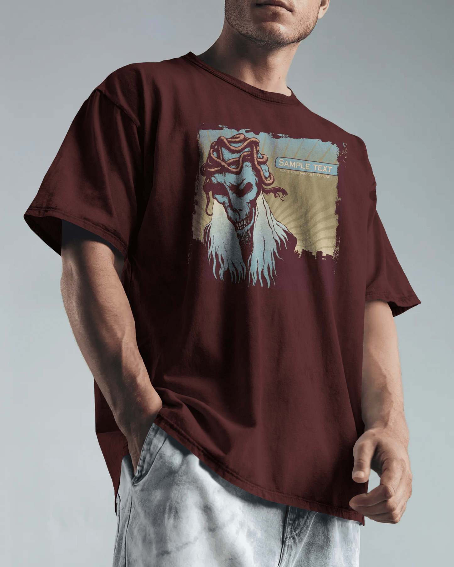 Premium Skull Serpent Oversized Graphic T-shirt - Burgundy - YORD