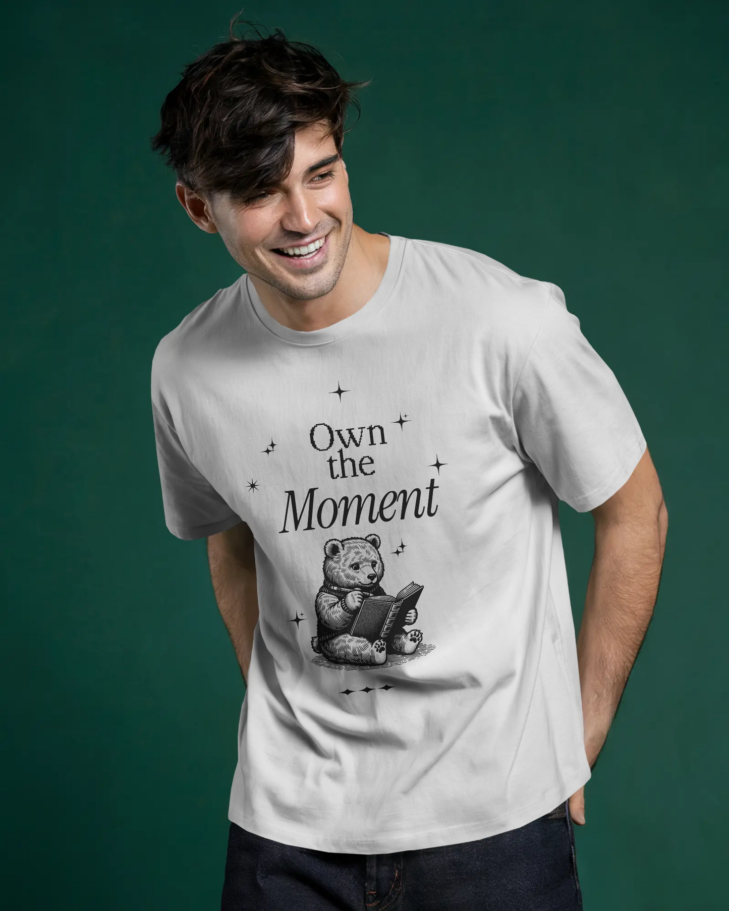 Premium 'Own the Moment' Bear Reading Oversized T-shirt
