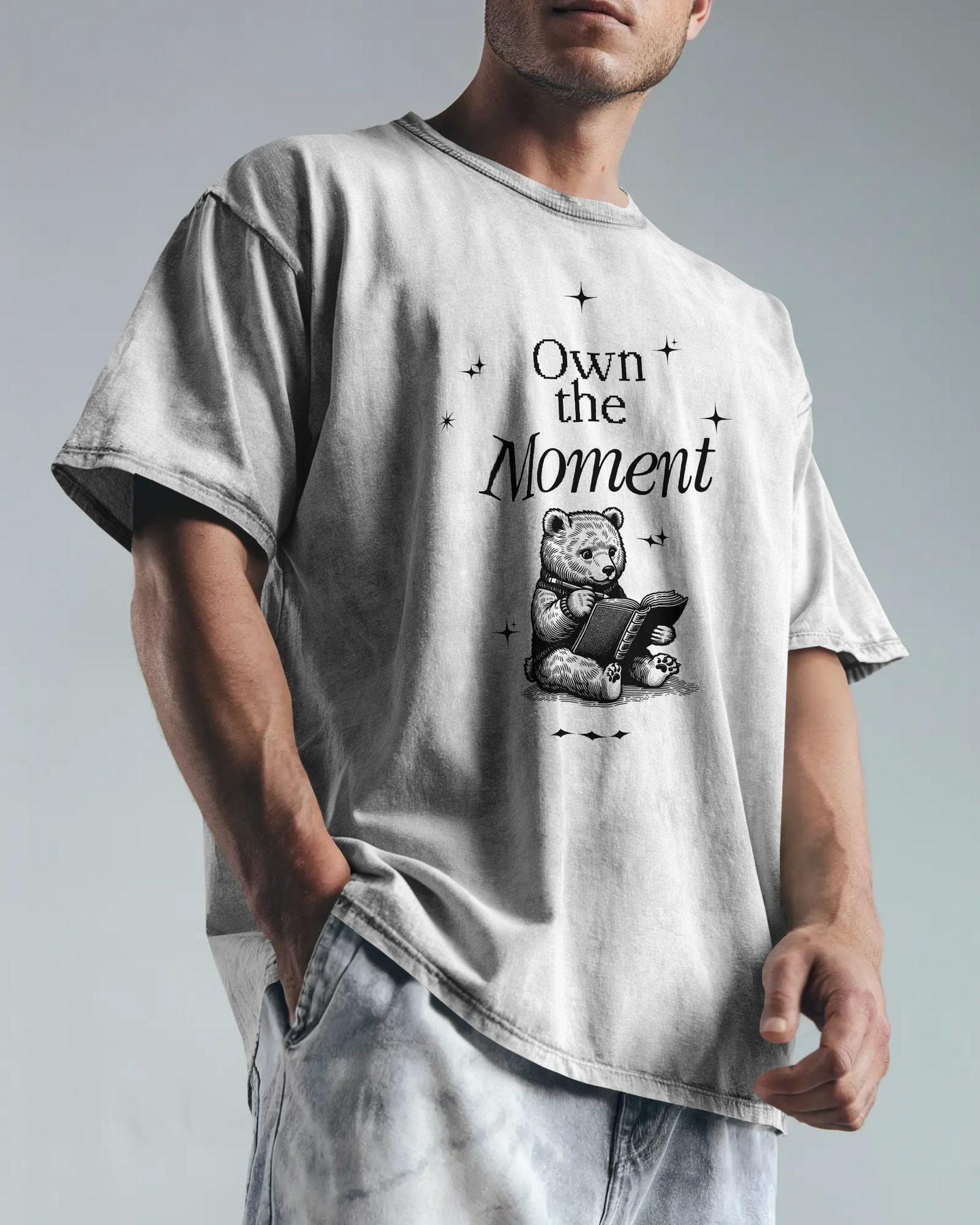 Premium 'Own the Moment' Bear Reading Oversized T-shirt