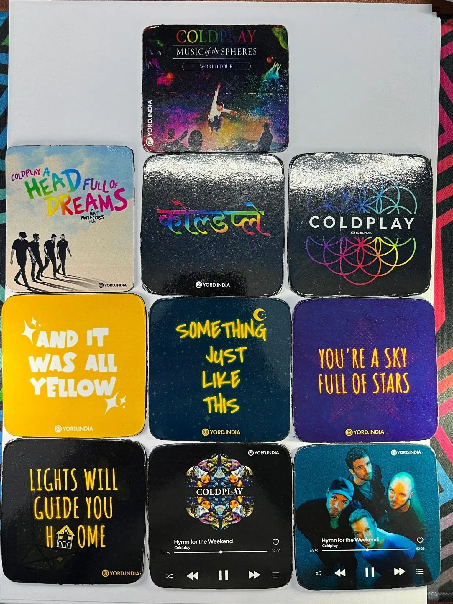 Coldplay India tour fridge magnets pack of 5 (Random). 0.7mm thickness, 7x7cm square shaped