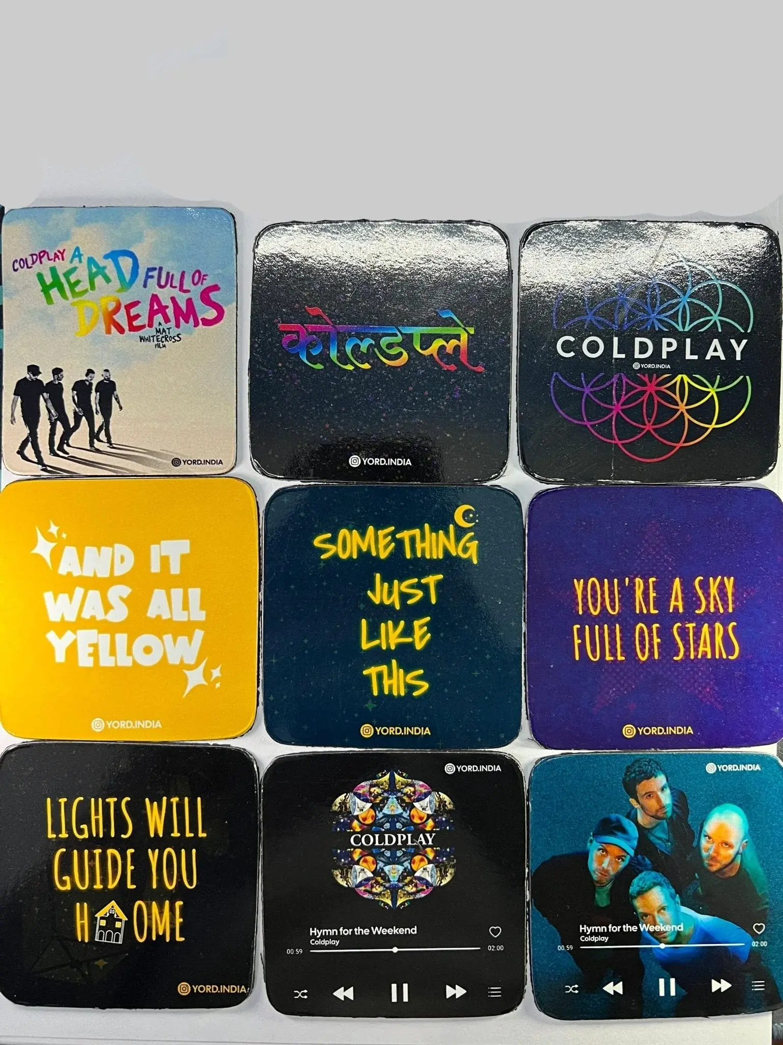 Coldplay India tour fridge magnets pack of 9 0.7mm thickness, 7x7cm square shaped