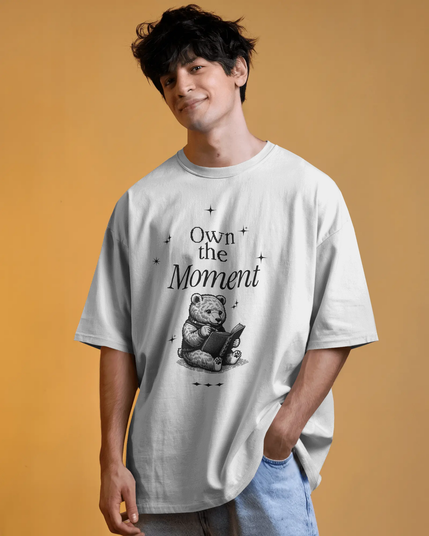 Premium 'Own the Moment' Bear Reading Oversized T-shirt