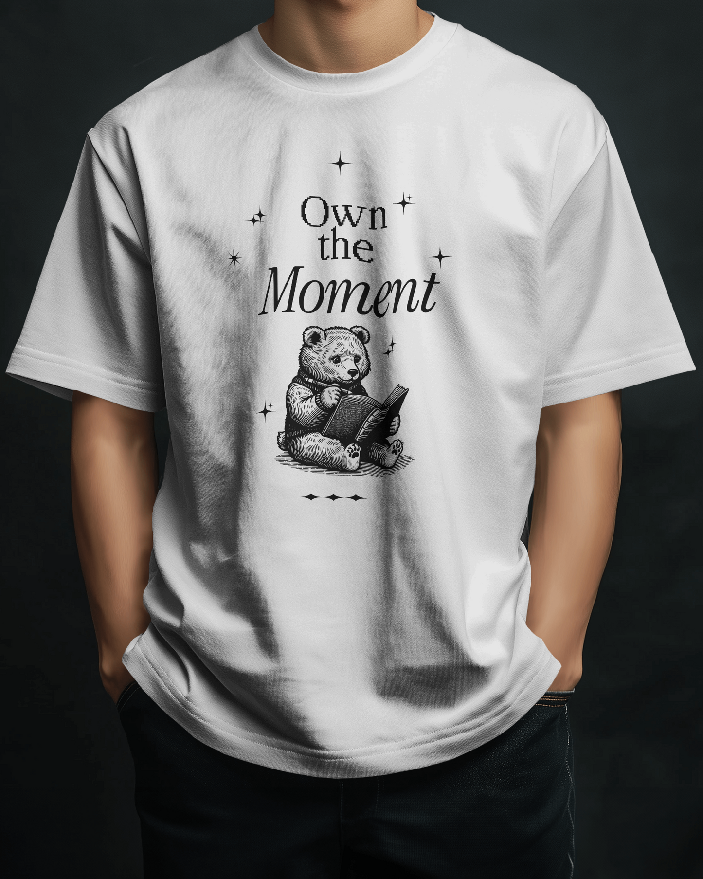 Premium 'Own the Moment' Bear Reading Oversized T-shirt