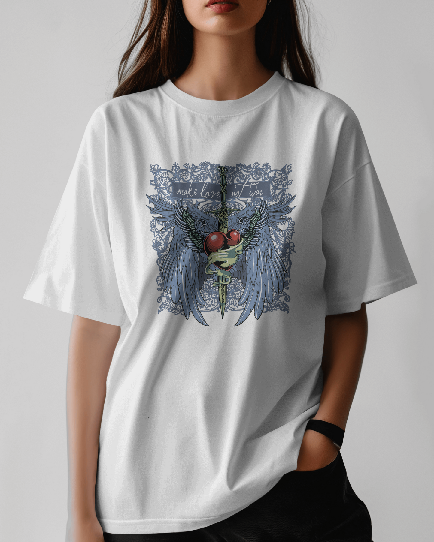 Premium Make Love Not War Wings Heart Oversized T-shirt