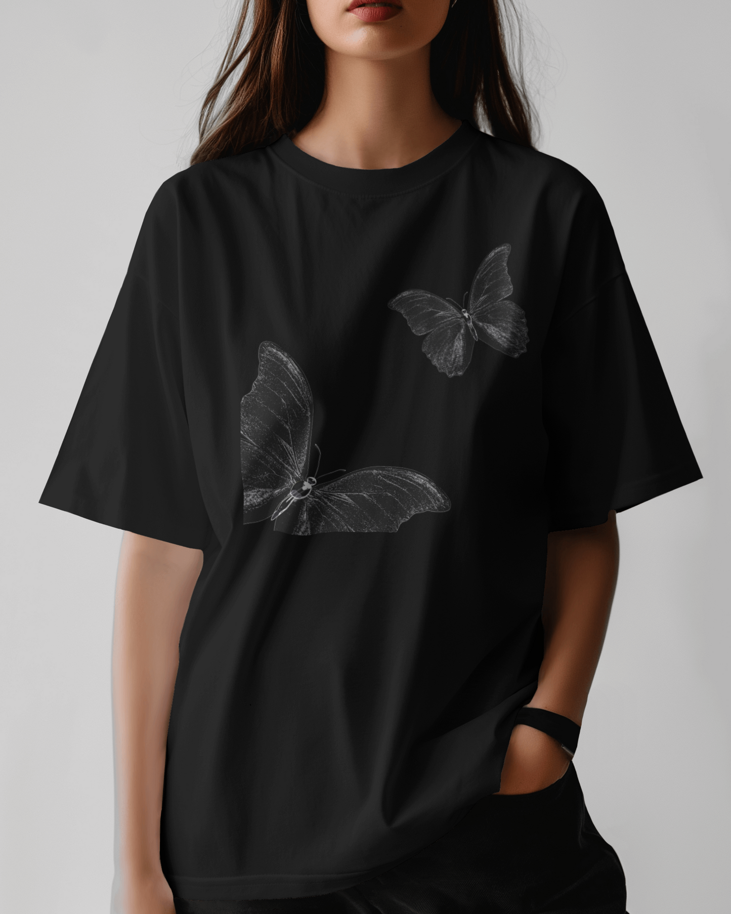 Premium Butterfly Sketch Oversized Black T-shirt