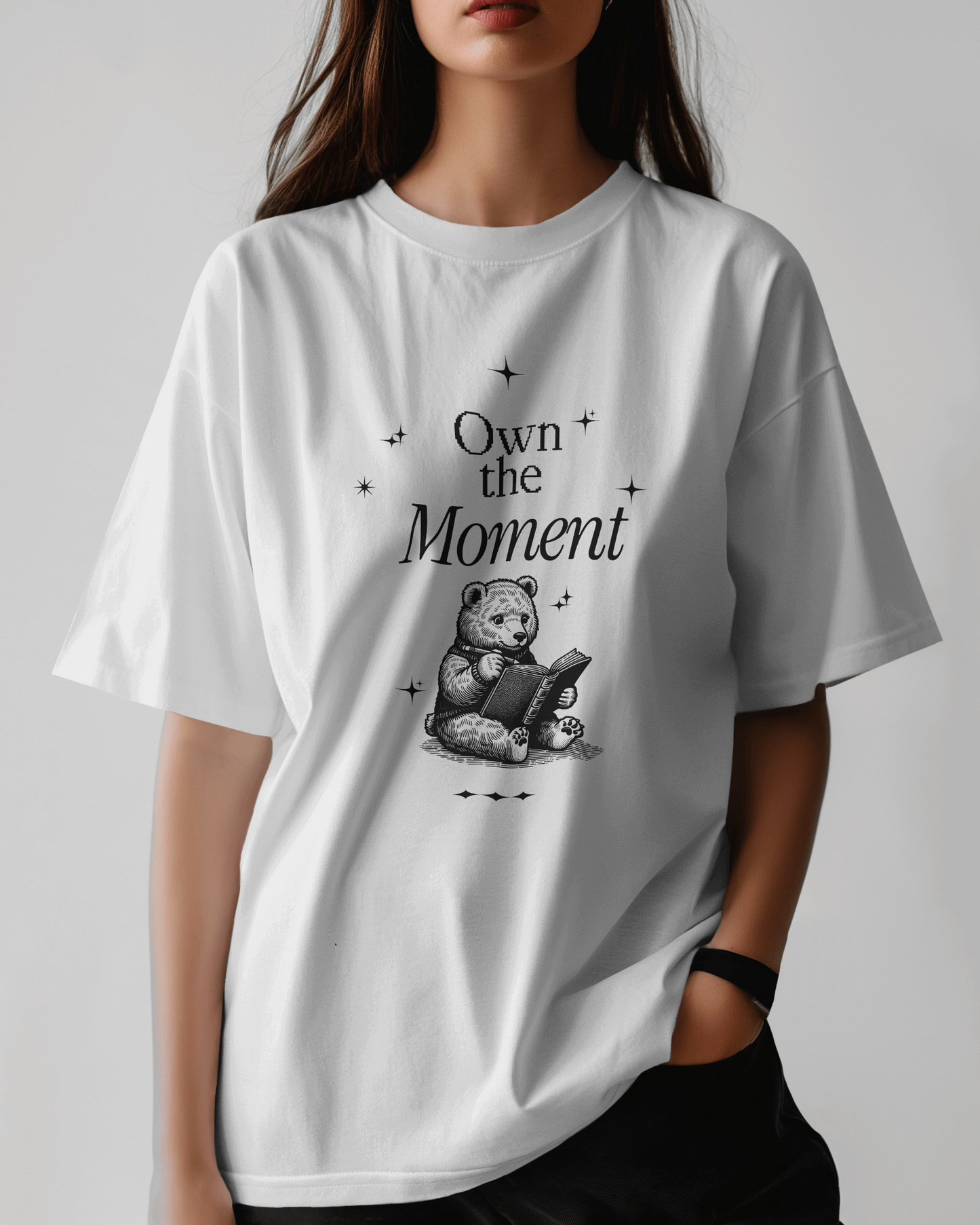Premium 'Own the Moment' Bear Reading Oversized T-shirt