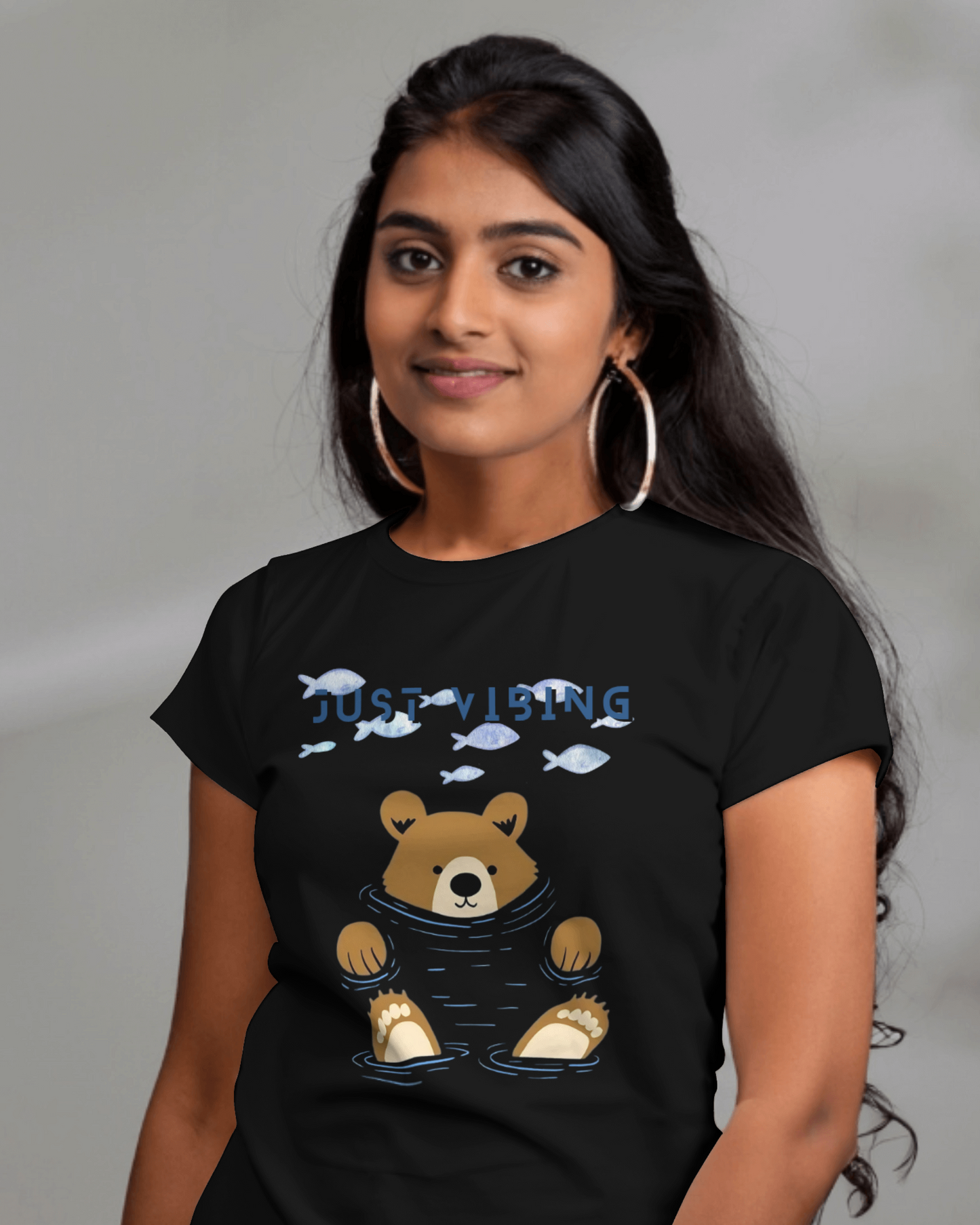 Premium 'Just Vibing' Bear & Fish Print Regular T-shirt