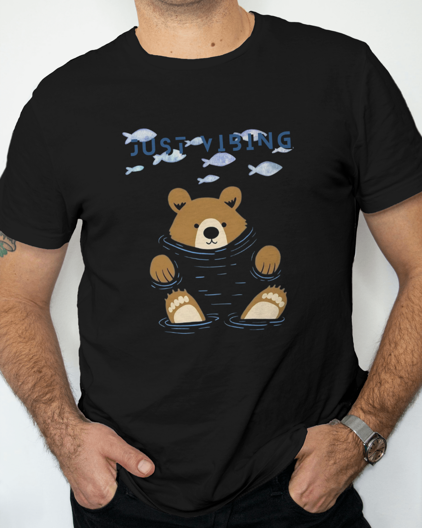 Premium 'Just Vibing' Bear & Fish Print Regular T-shirt
