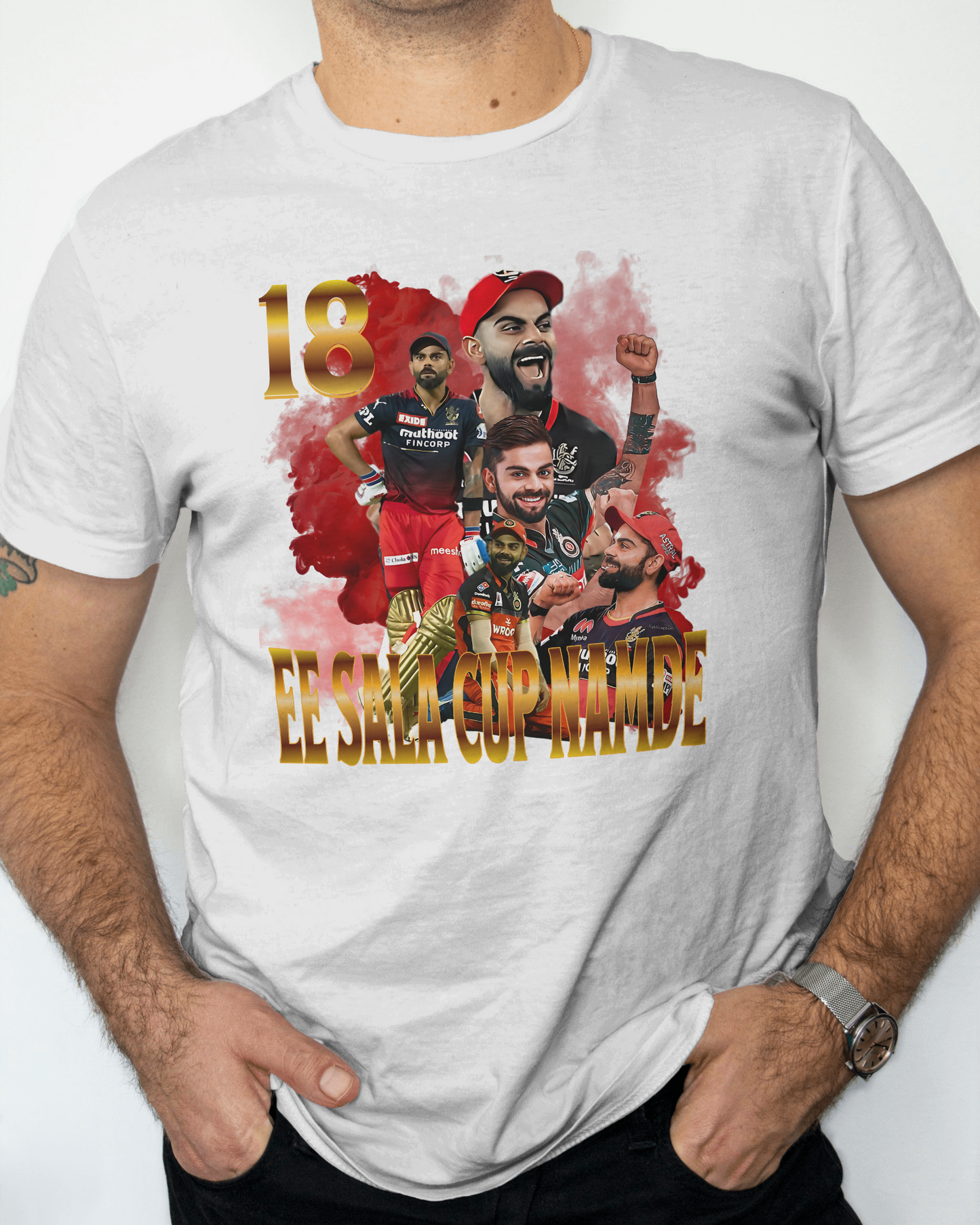 Premium RCB Cricket Fan 'Ee Sala Cup Namde' White T-shirt