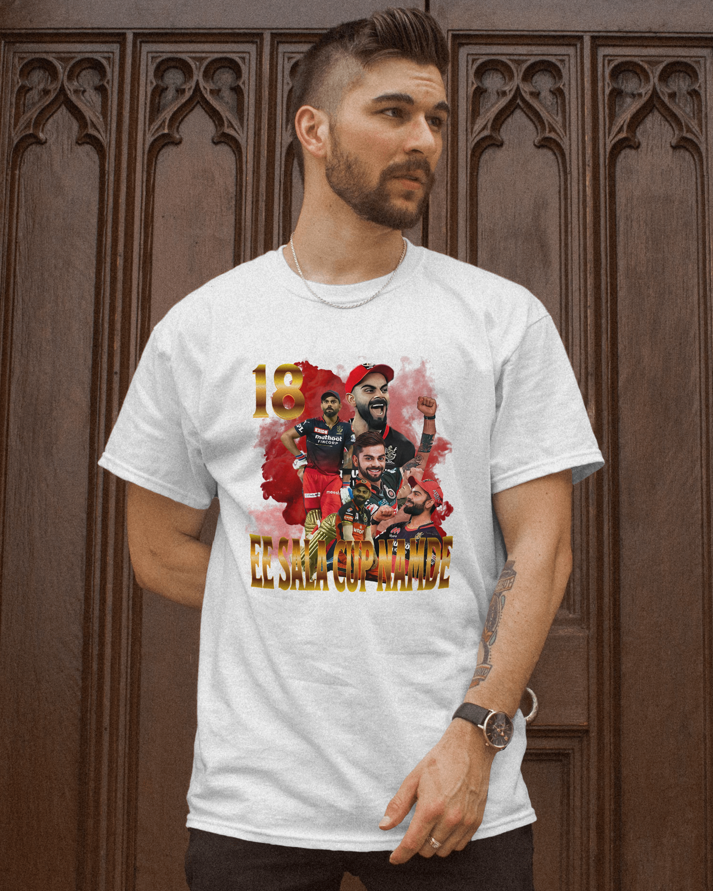 Premium RCB Cricket Fan 'Ee Sala Cup Namde' White T-shirt