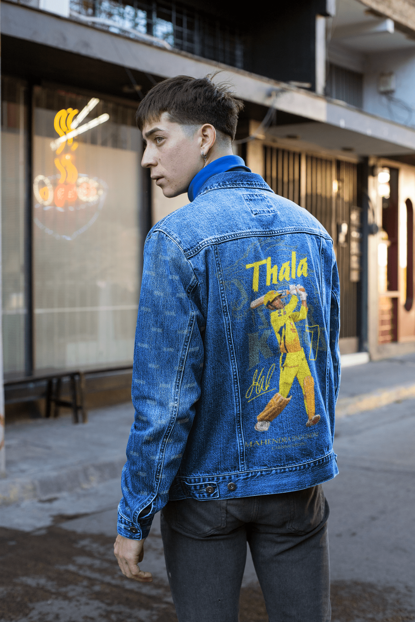 Premium CSK Thala Tribute Hand - Painted Denim Jacket - YORD