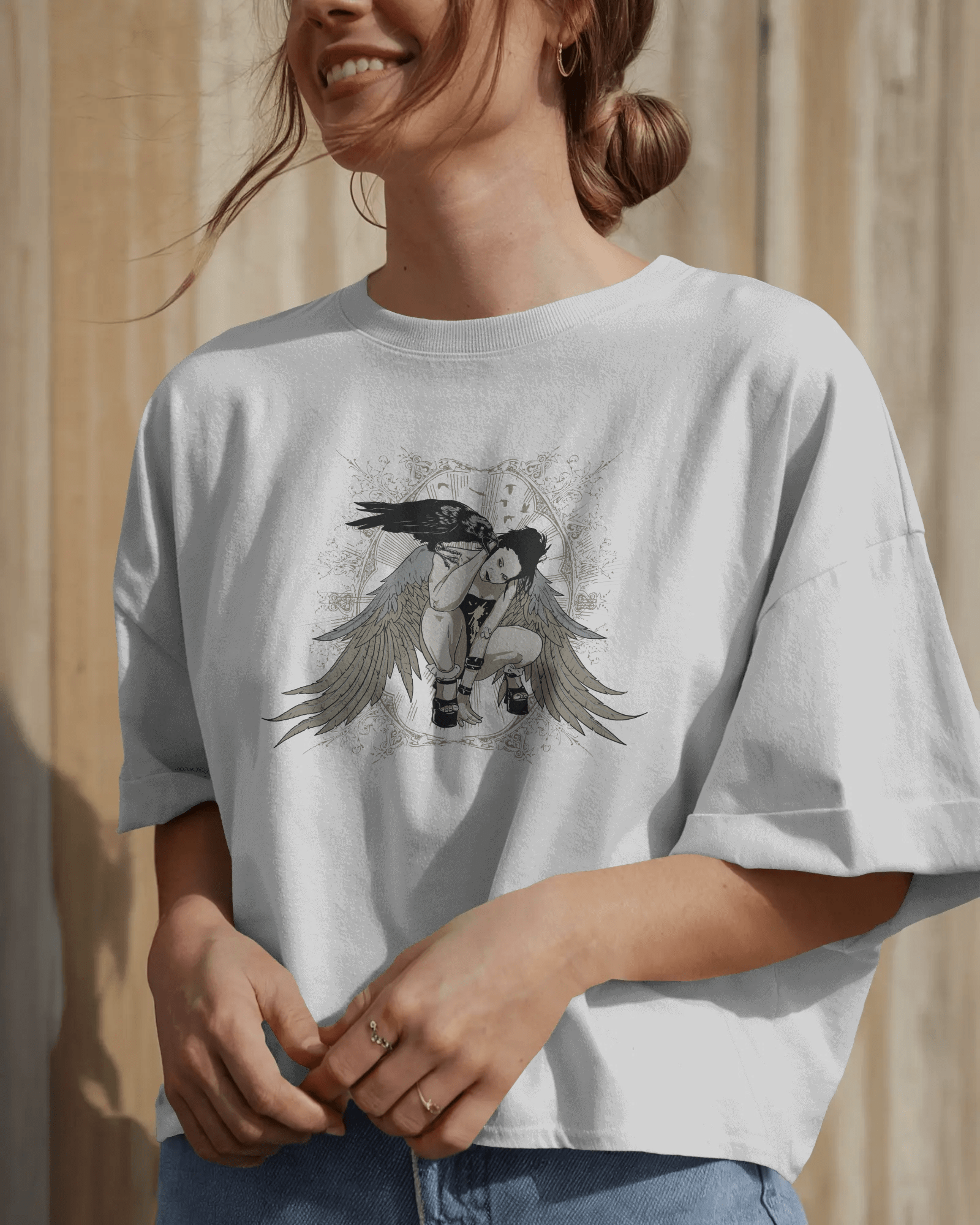 Premium Gothic Angel Wing Raven Oversized T-shirt - YORD