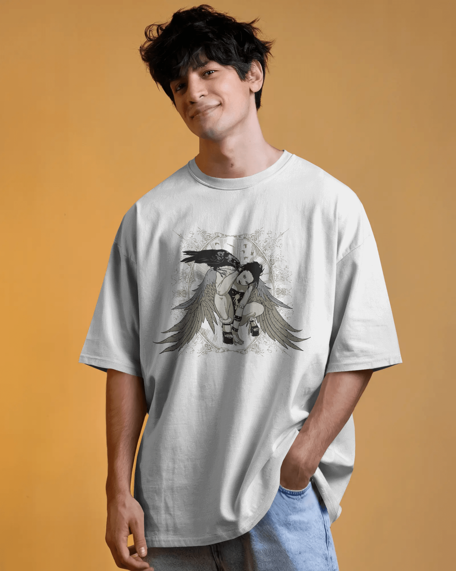 Premium Gothic Angel Wing Raven Oversized T-shirt - YORD