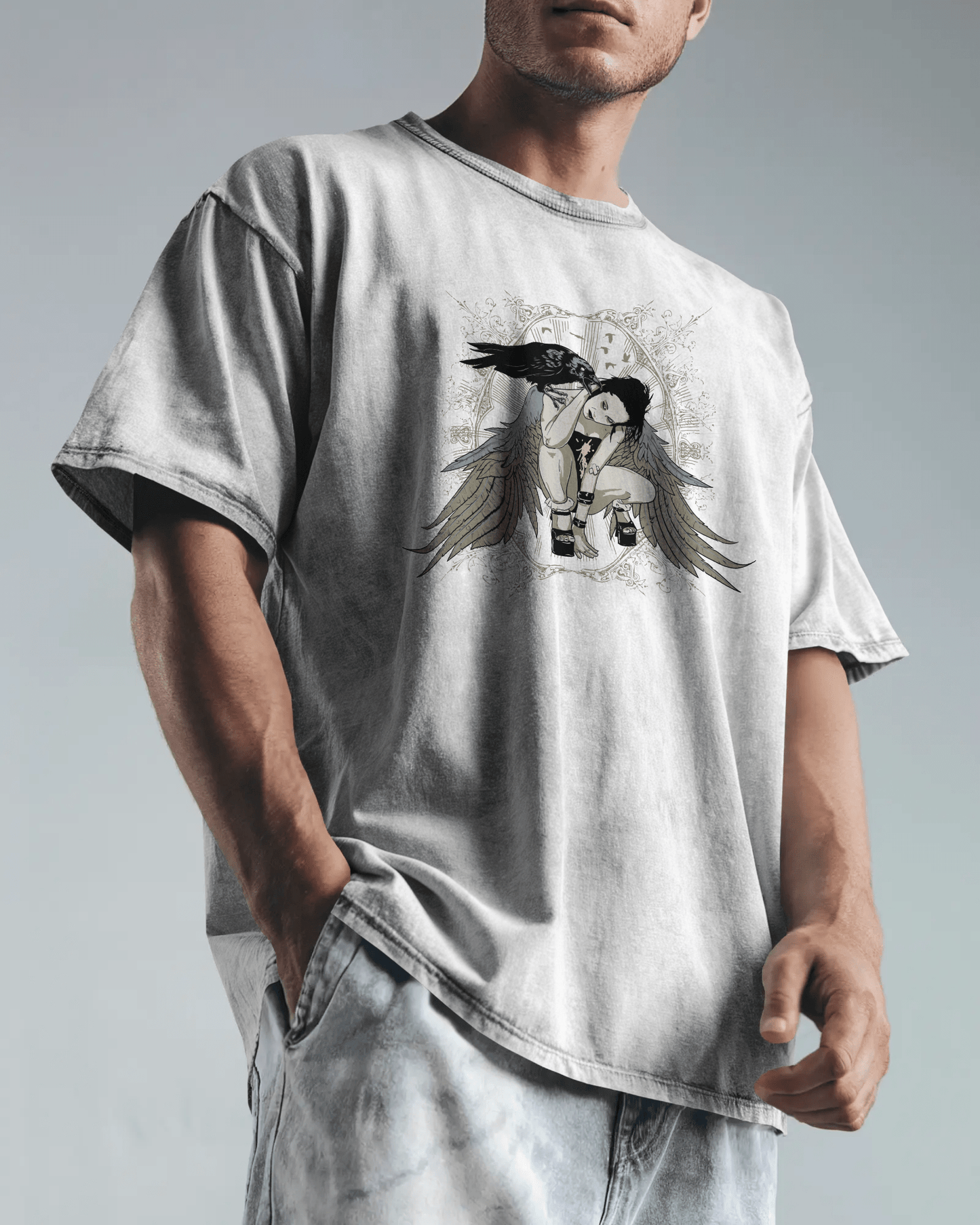 Premium Gothic Angel Wing Raven Oversized T-shirt - YORD