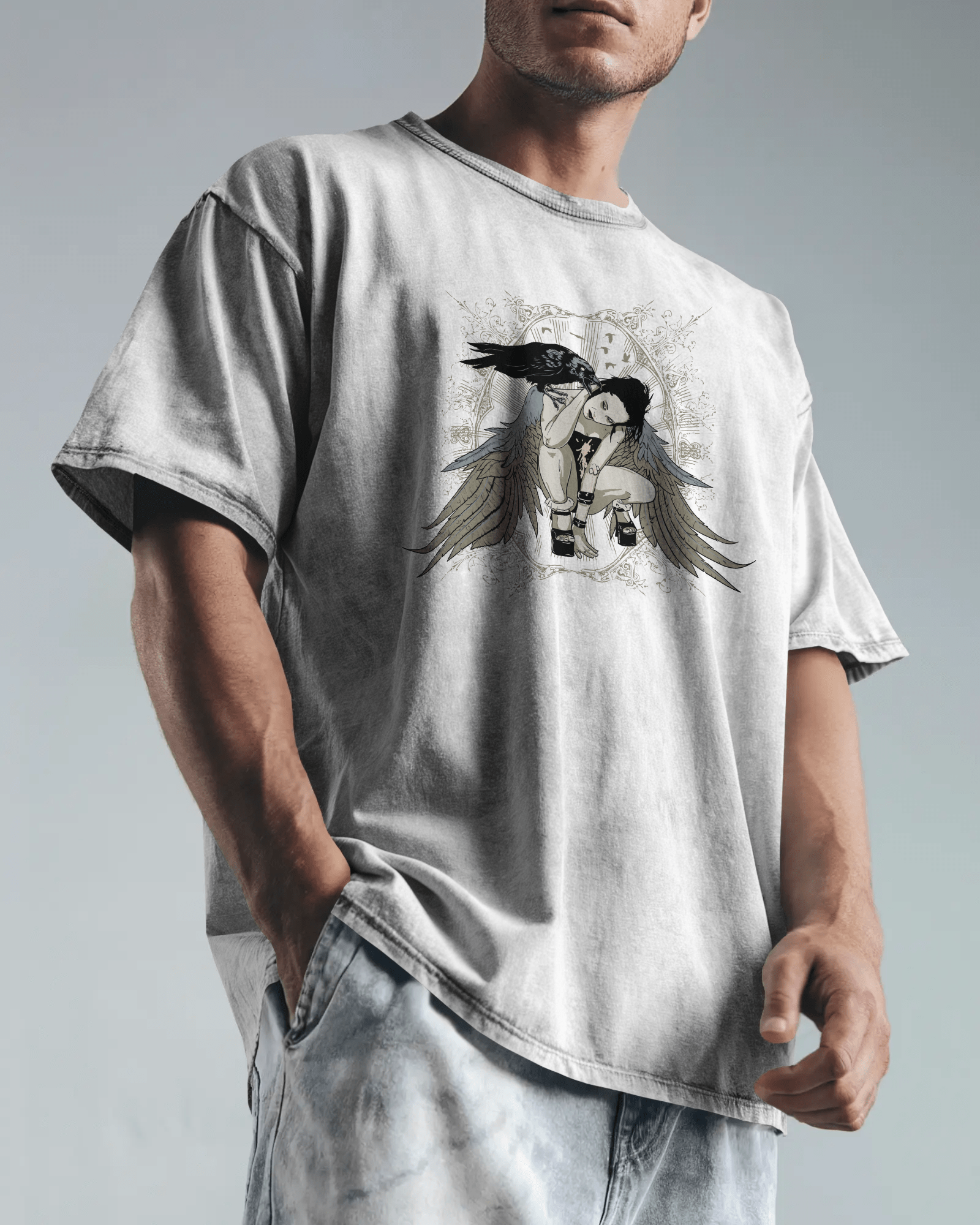 Premium Gothic Angel Wing Raven Oversized T-shirt - YORD