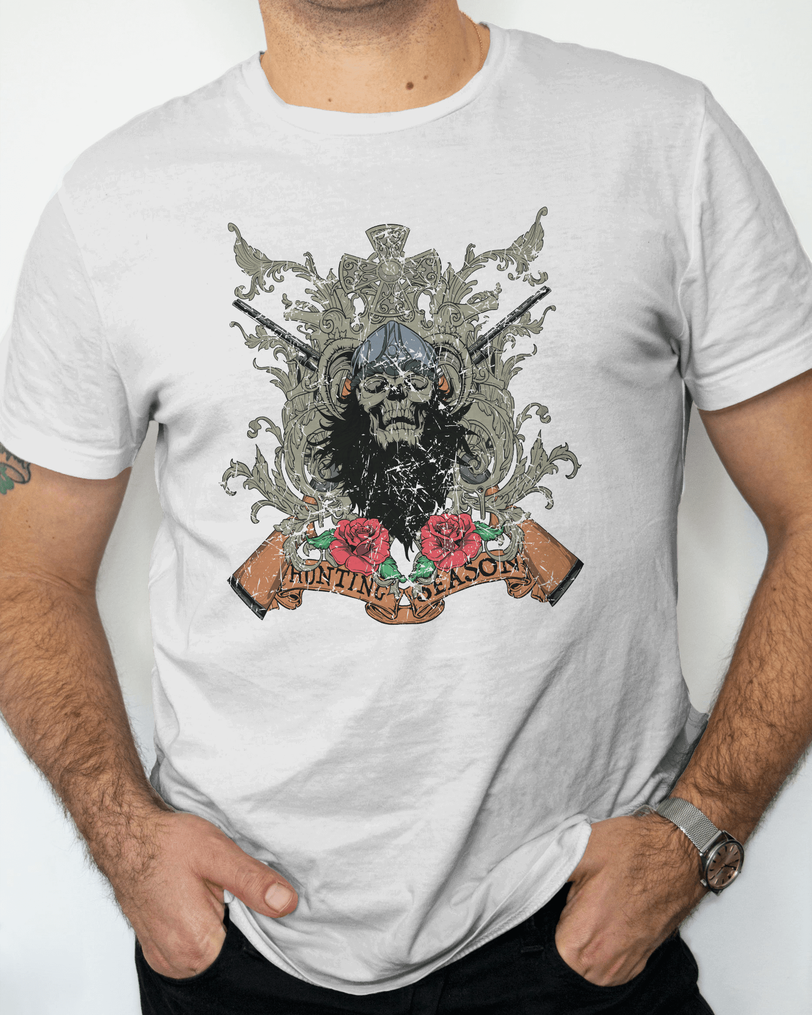 Premium Gothic Skull Rose Hunting Season White T-shirt - YORD