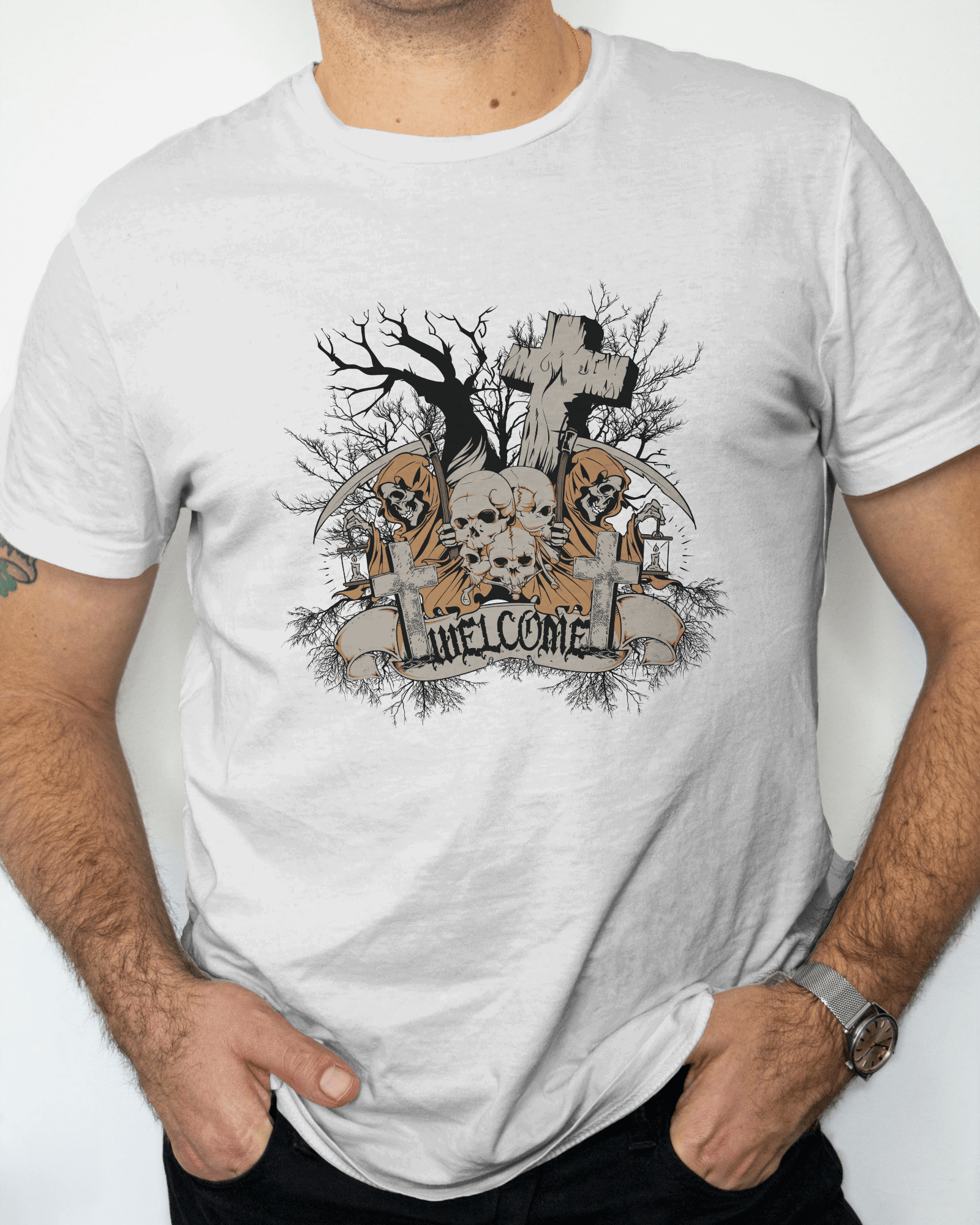 Premium Grim Reaper 'UNWELCOME' Gothic Print T-Shirt - YORD