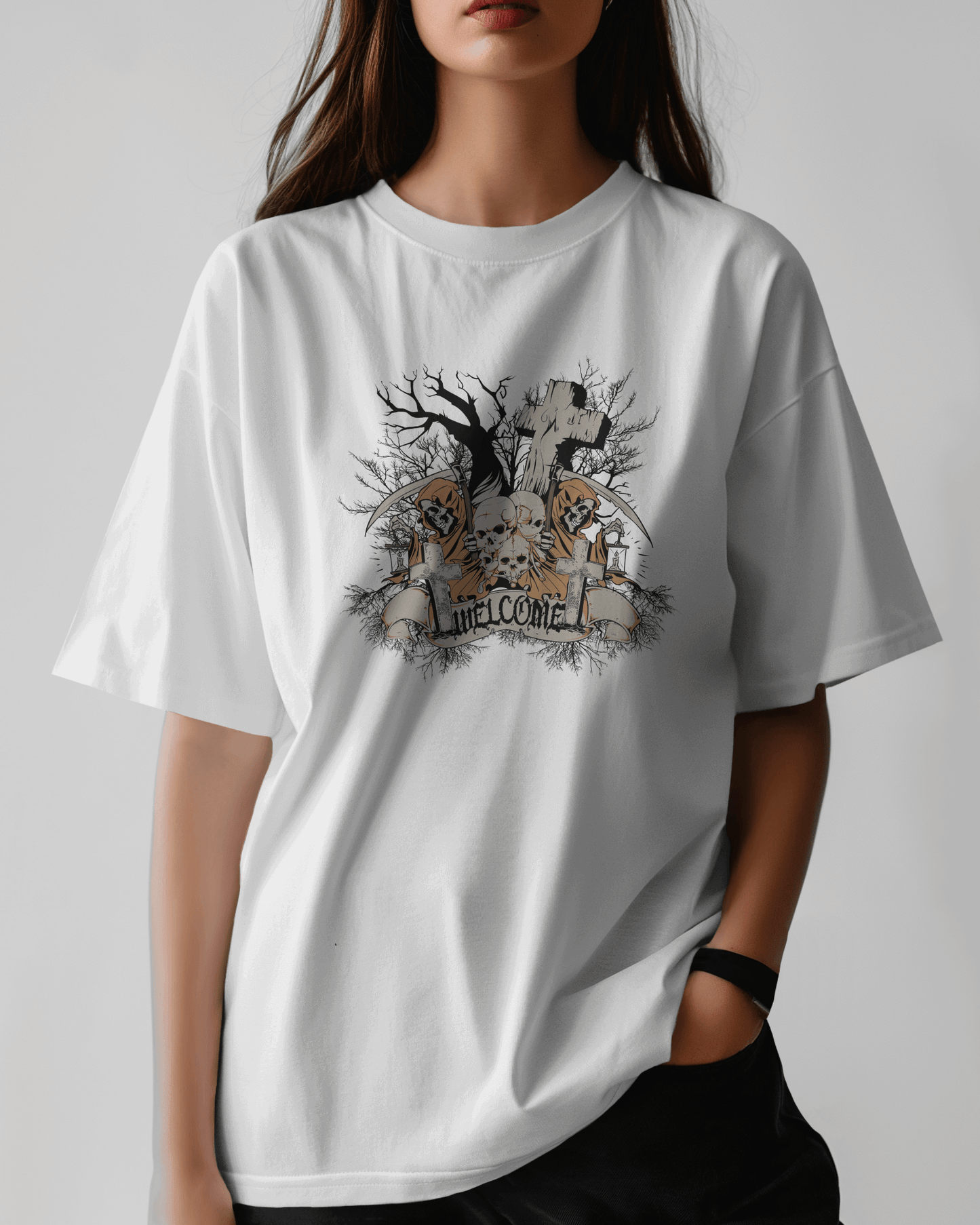 Premium Grim Reaper 'Unwelcome' Oversized Gothic T-shirt - YORD