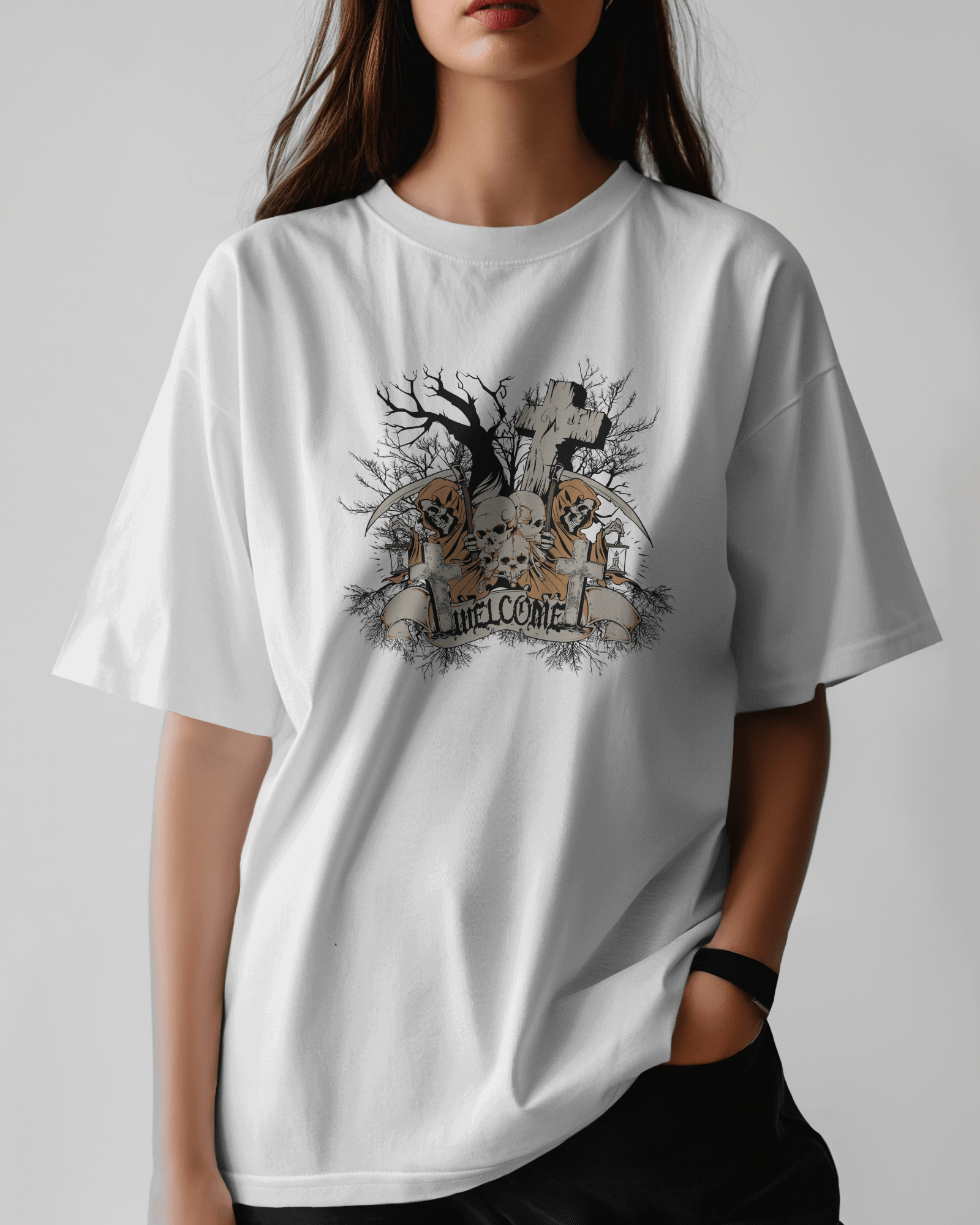 Premium Grim Reaper 'Unwelcome' Oversized Gothic T-shirt - YORD