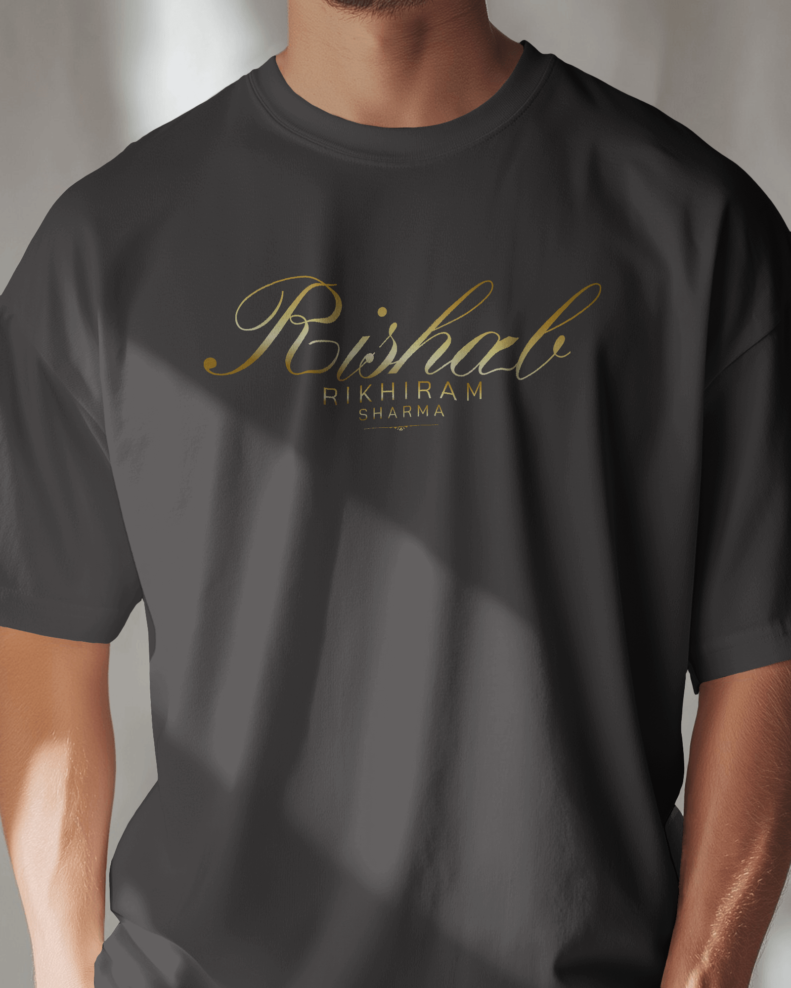 Premium Hand Printed Oversized 'Rishab Rikhiram Sharma' Gold Script T-shirt - YORD