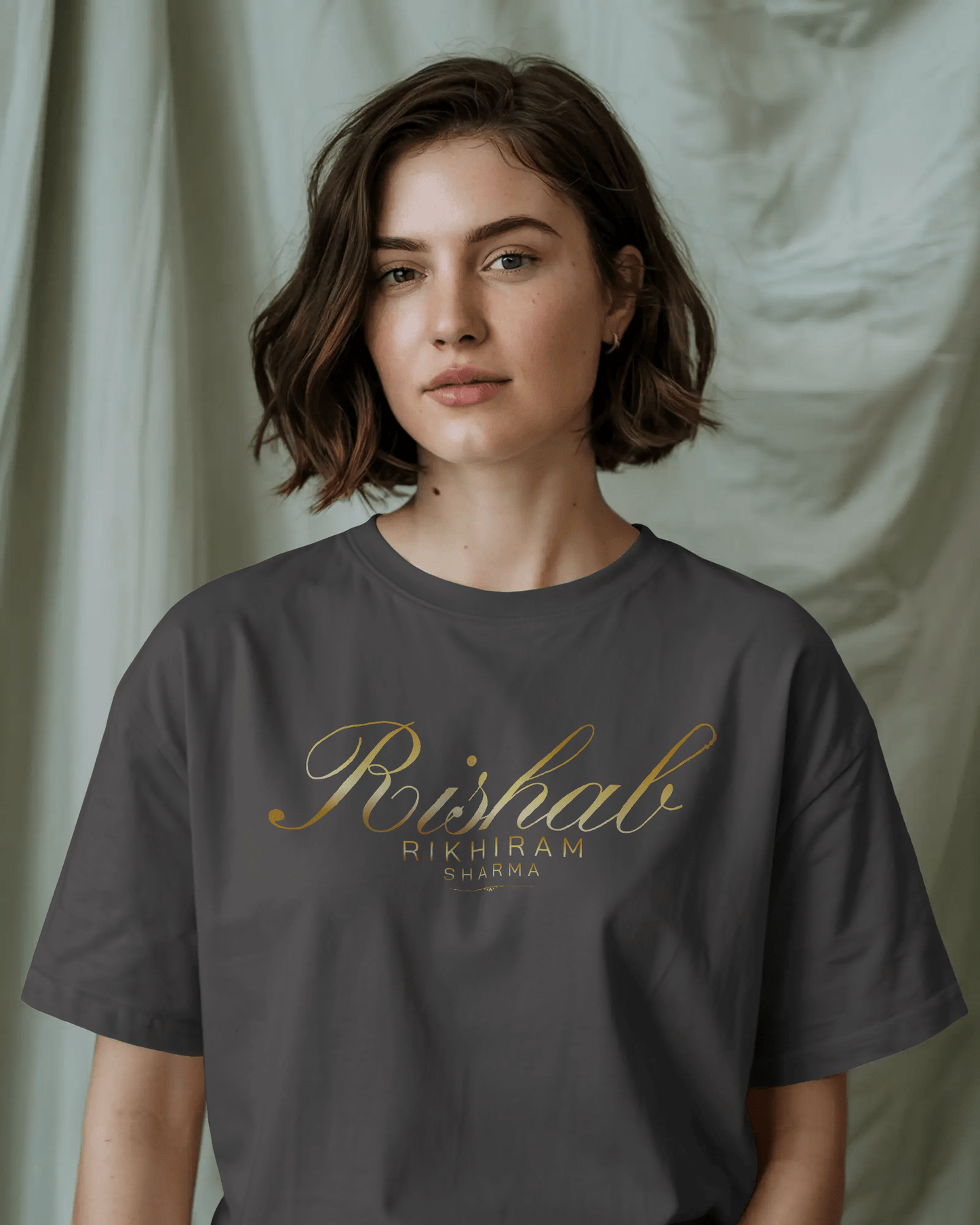 Premium Hand Printed Oversized 'Rishab Rikhiram Sharma' Gold Script T-shirt - YORD