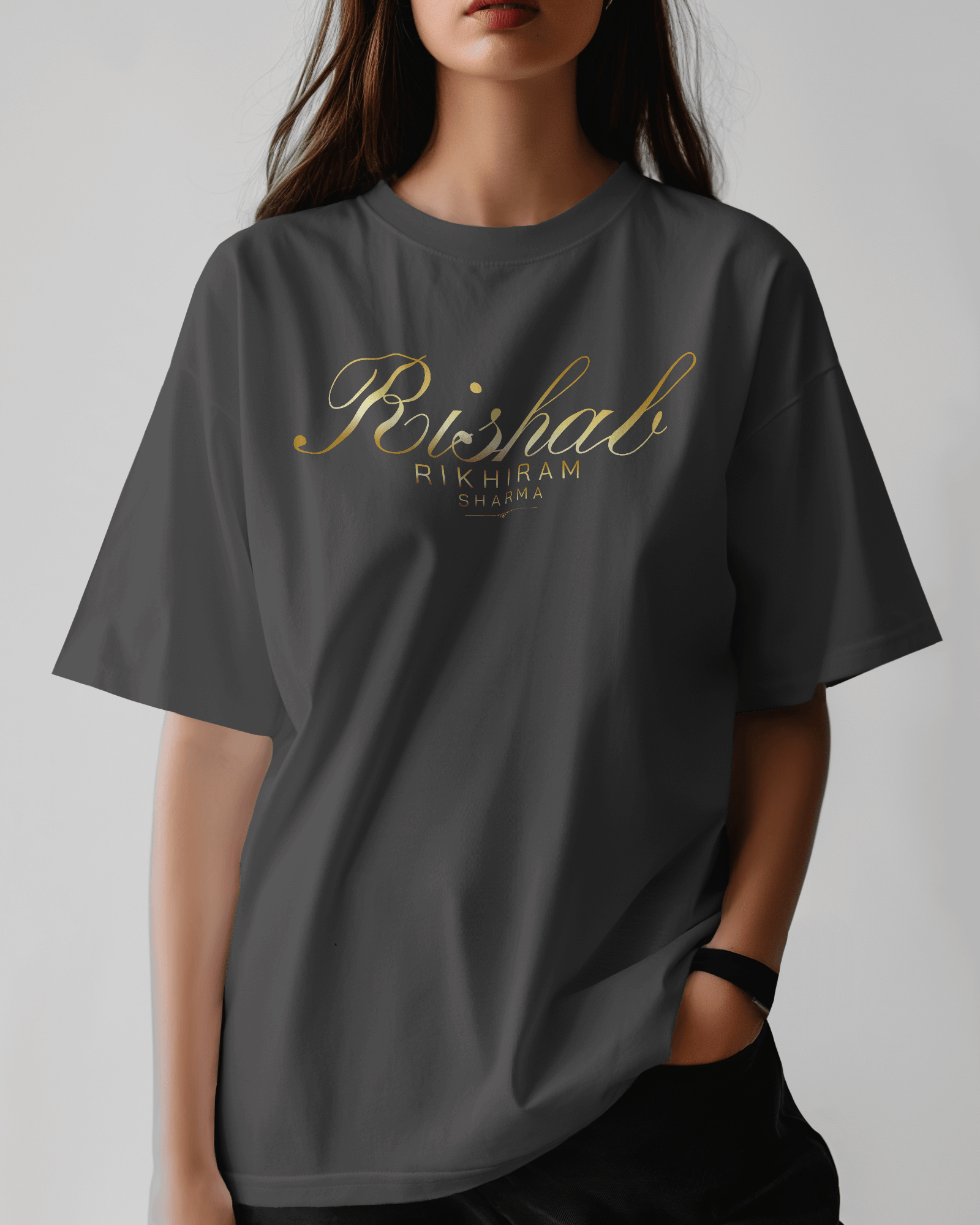 Premium Hand Printed Oversized 'Rishab Rikhiram Sharma' Gold Script T-shirt - YORD
