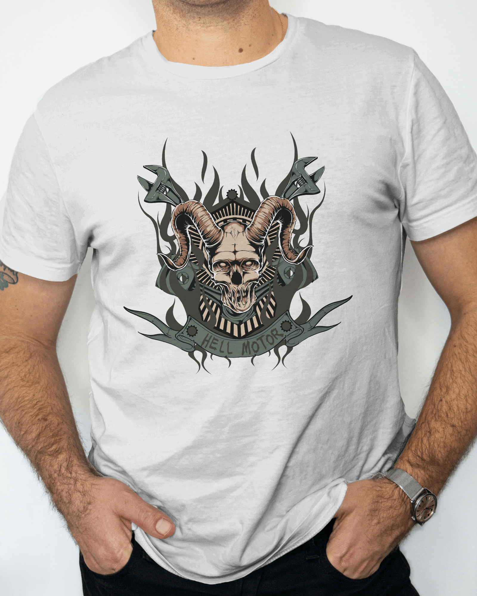 Premium Hell Motors Skull Ram Horns Gothic T-shirt - YORD