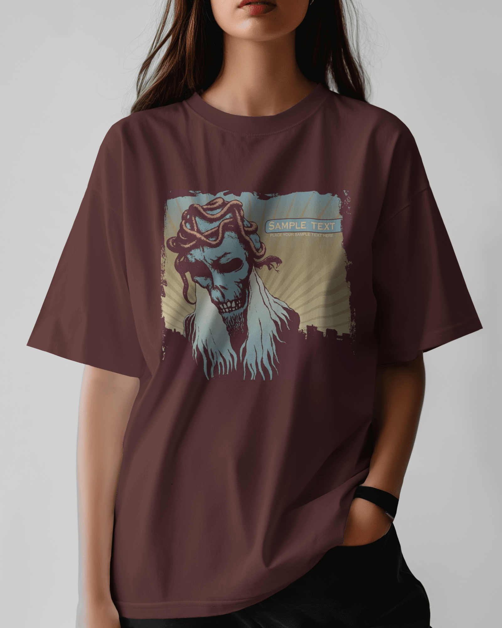 Premium Skull Serpent Oversized Graphic T-shirt - Burgundy - YORD