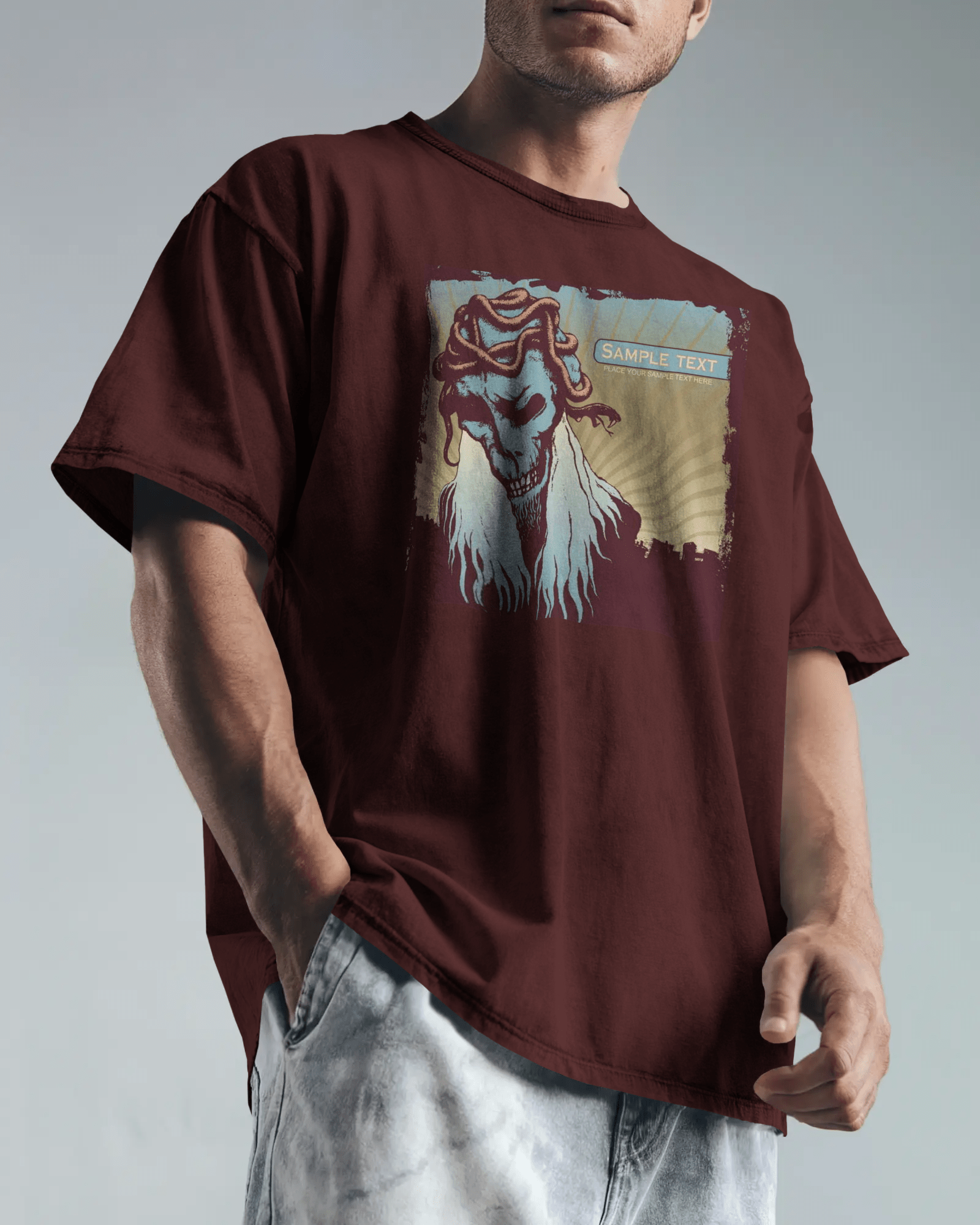 Premium Skull Serpent Oversized Graphic T-shirt - Burgundy - YORD