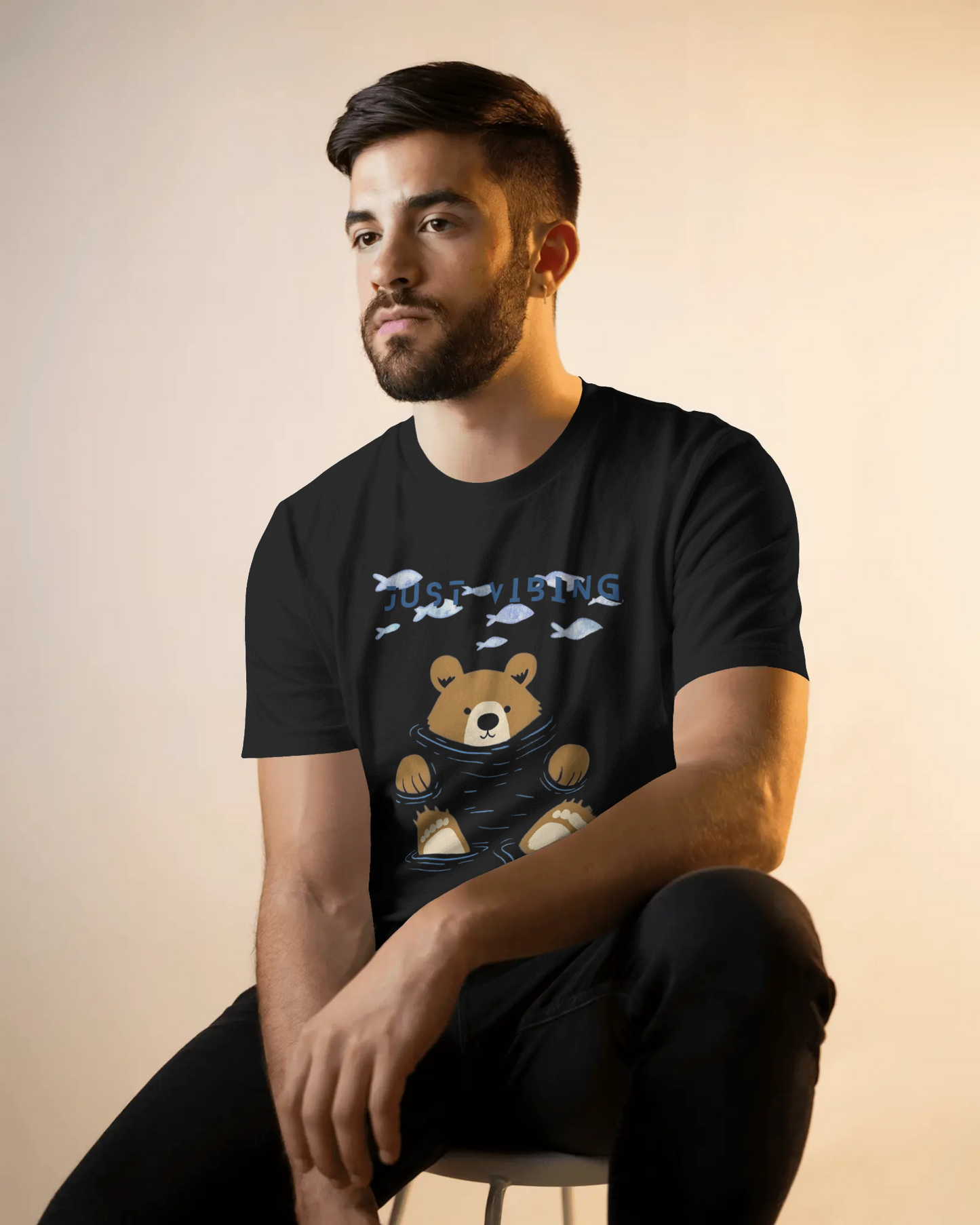 Premium 'Just Vibing' Bear & Fish Print Regular T-shirt