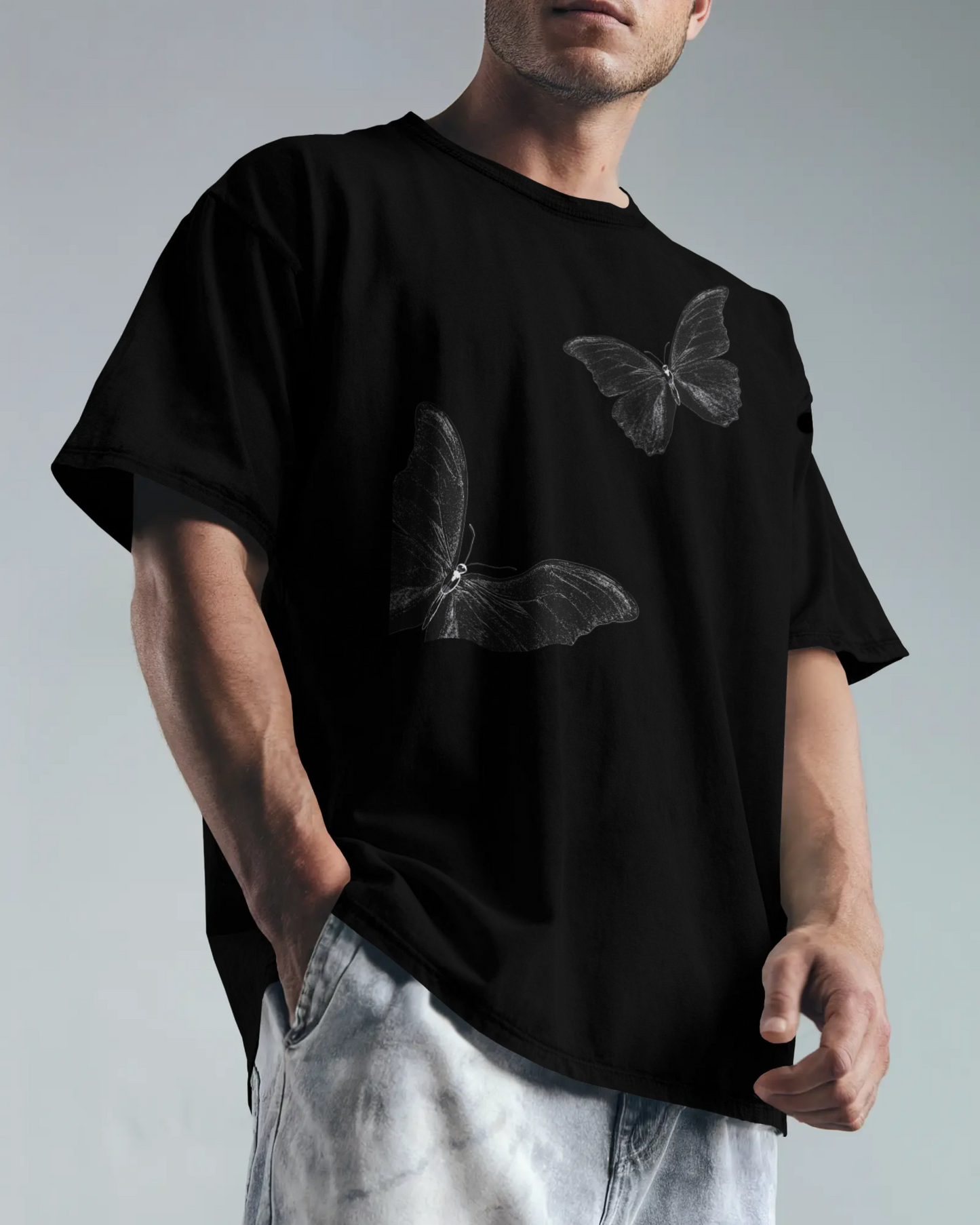 Premium Butterfly Sketch Oversized Black T-shirt